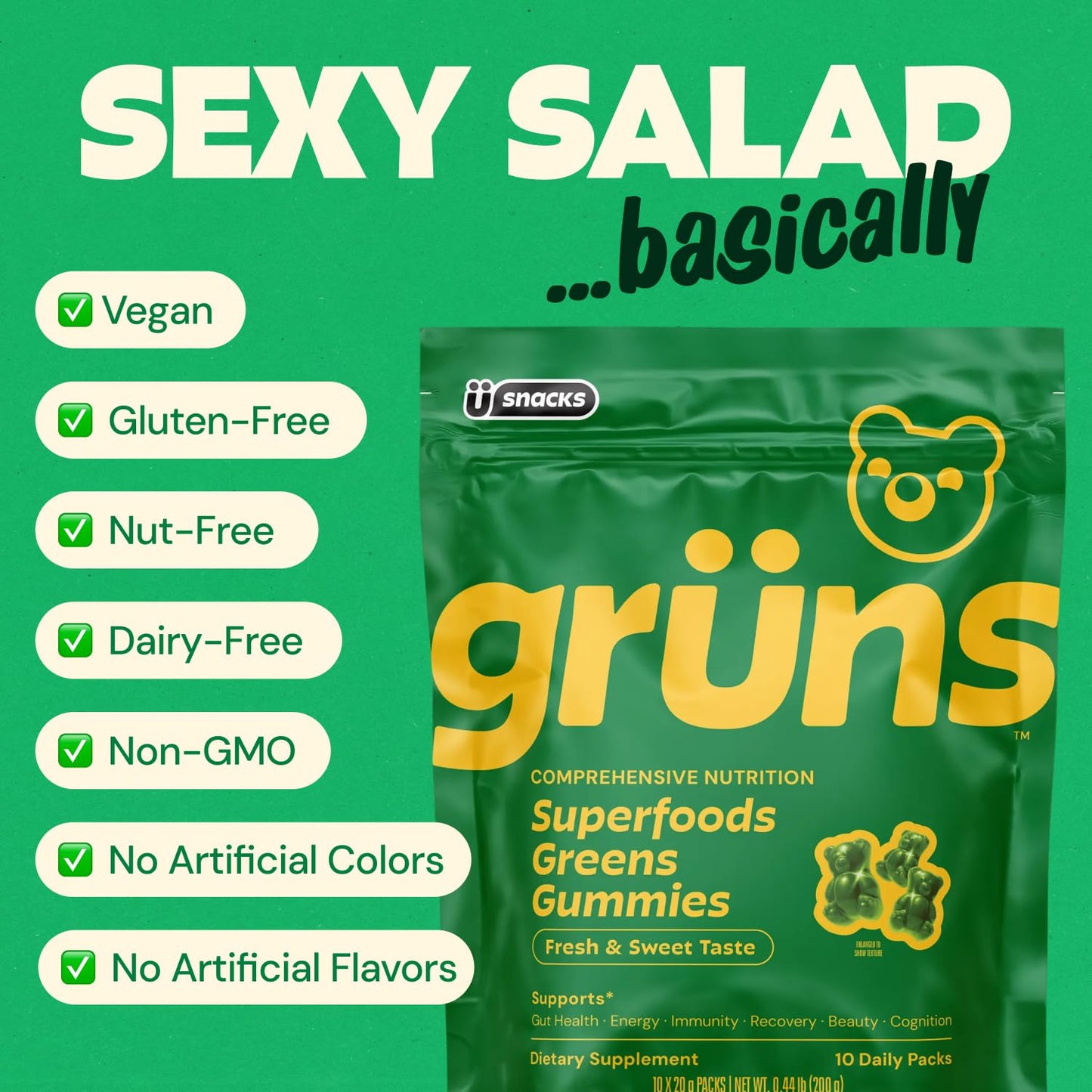 Grüns Adult Super Greens Multivitamin Gummies, 28 Count