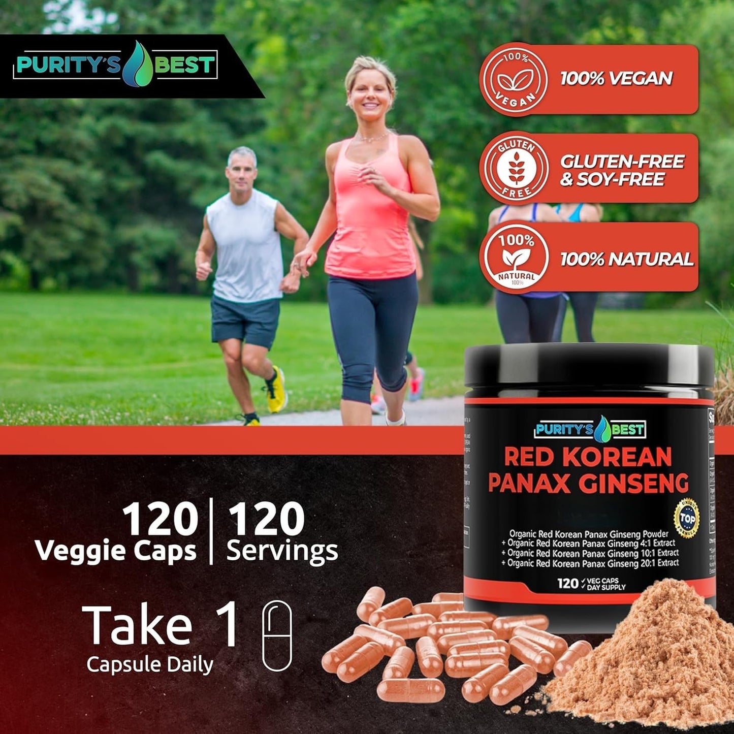 Purity`s Best Red Korean Panax Ginseng – 5% Ginsenosides – Herbal Supplement – 120 Veggie Capsules