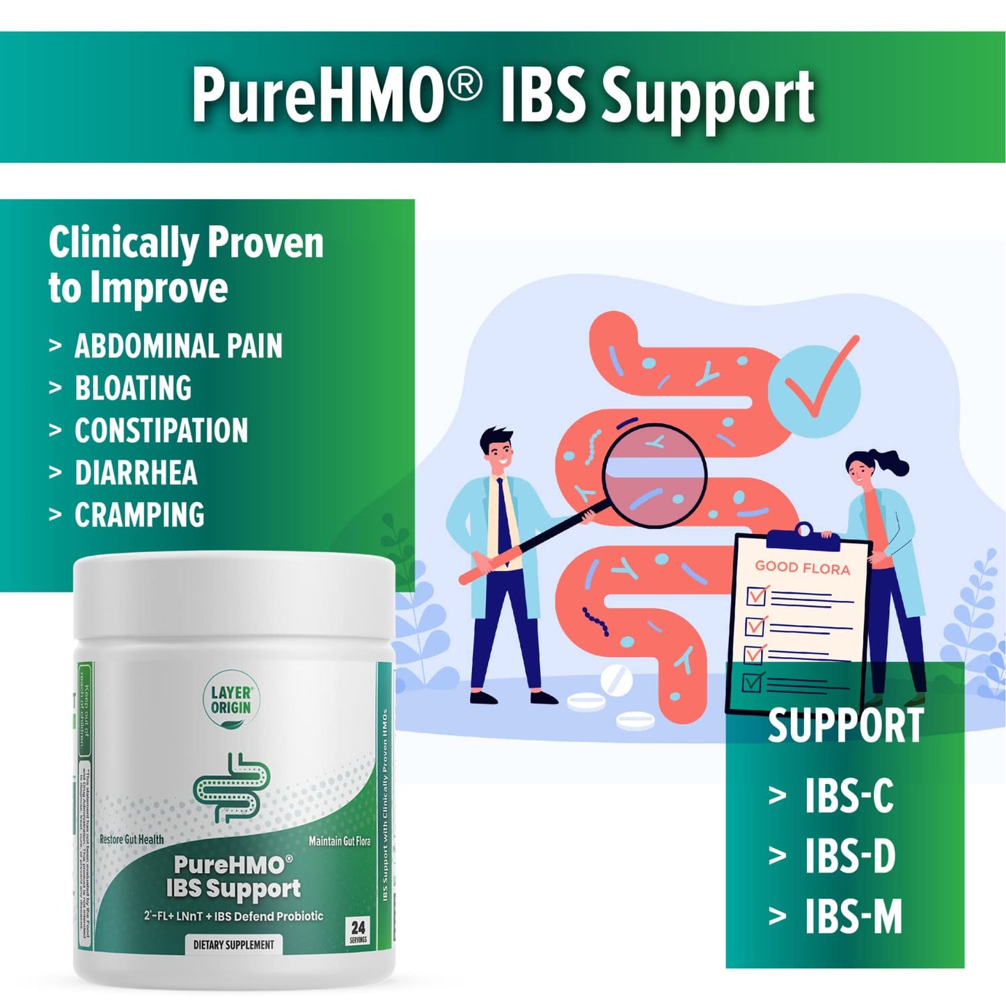 Layer Origin PureHMO IBS Support Powder 4.38 oz
