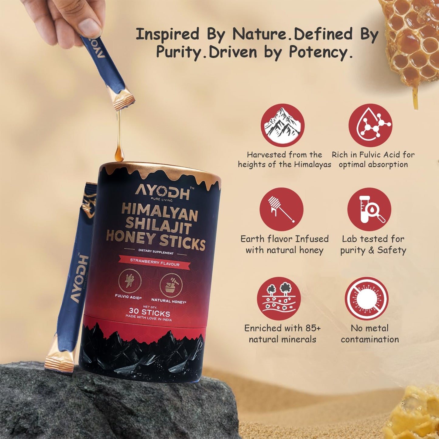 AYODH Pure Himalayan Shilajit Honey Sticks with Honey & Strawberry Softgel, 4 Softgels