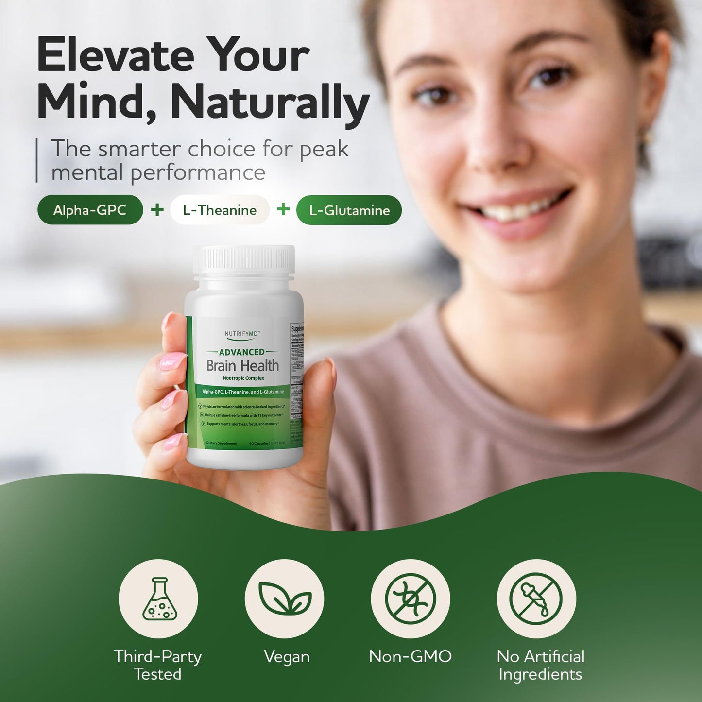 NutrifyMD Advanced Brain Health Supplement with Alpha GPC, L-Theanine, L-Glutamine for Memory and Focus, 90 Capsules