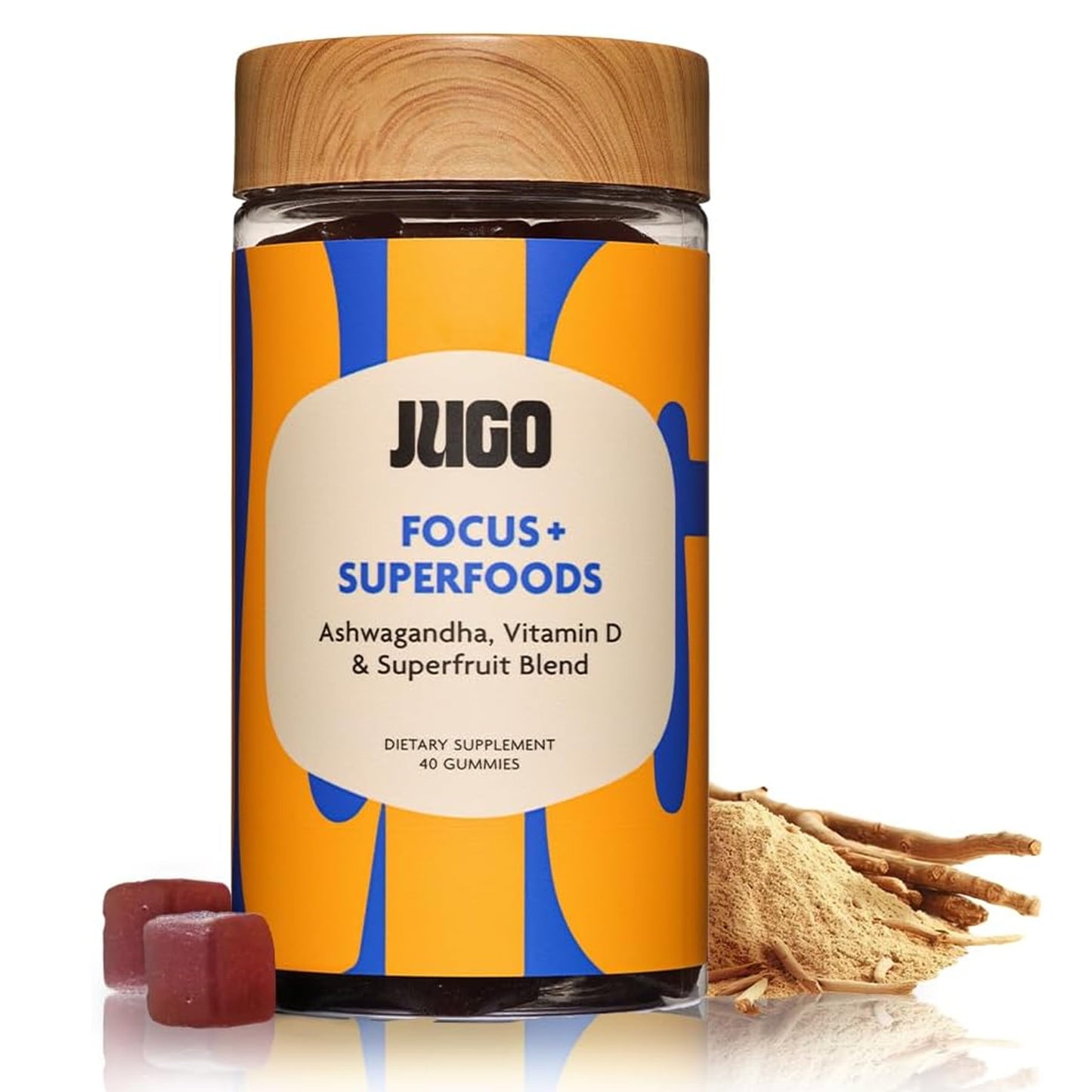 JUGO LLC Focus + SUPERFOODS Ashwagandha Gummies with Vitamin D3 & Superfruit Blend, Vegetarian-Friendly Focus Supplement with Adaptogens, Gelatin-Free and Gluten-Free, Non-GMO, Made in USA, 40 Gummies