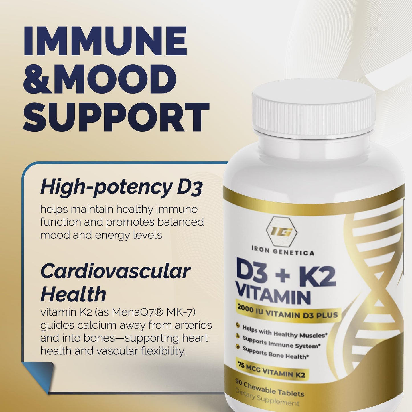 Iron Genetica Vitamin D3 + K2 (MK-7) Chewable 90 Count