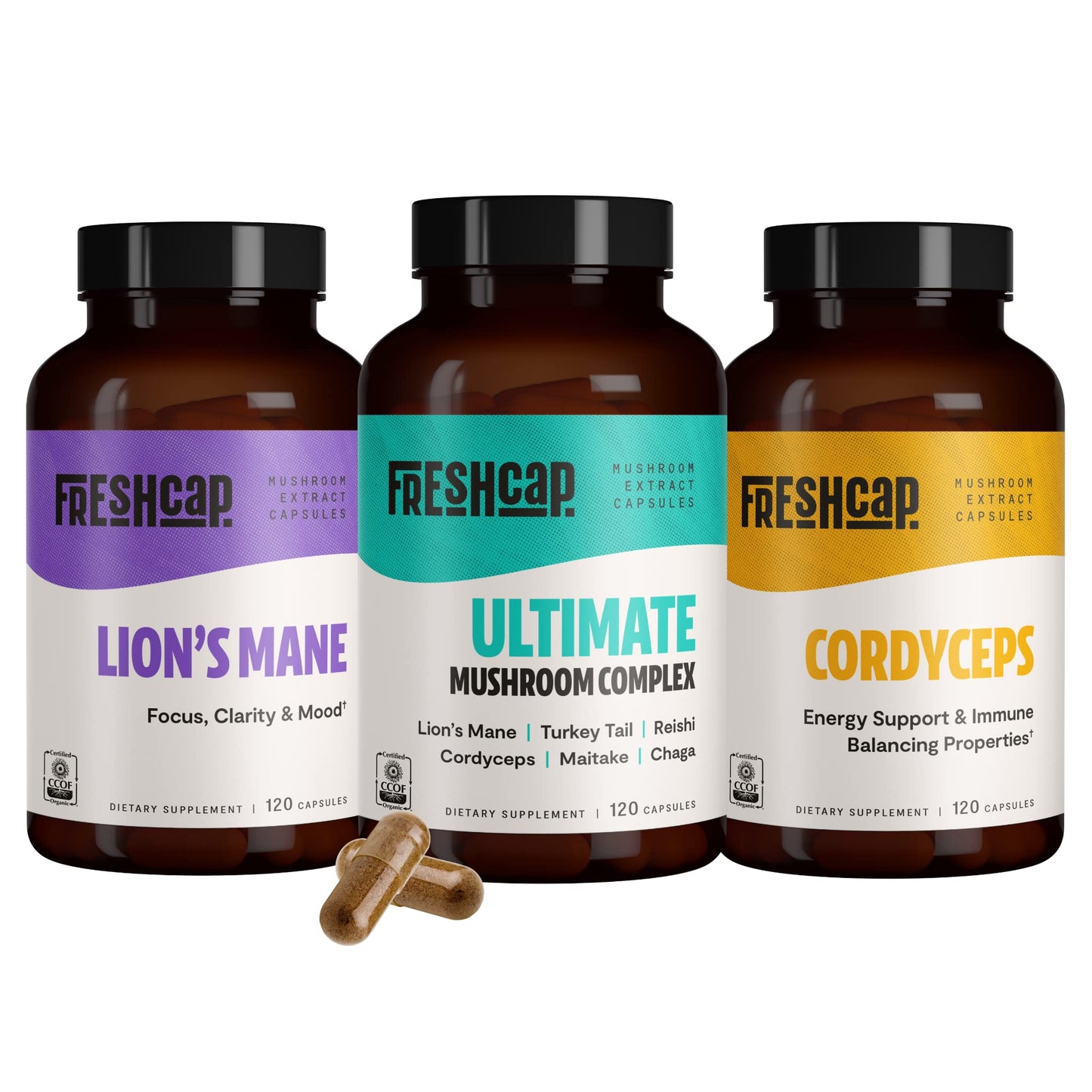 FreshCap Mushrooms Popular Mushrooms Bundle (Lions Mane, Cordyceps, Ultimate Mushroom Complex) Capsules, 3 Capsules