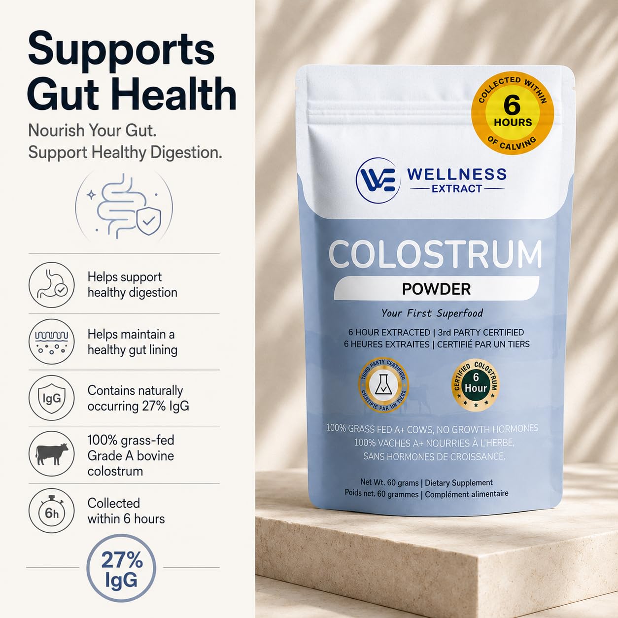WELLNESS EXTRACT Bovine Colostrum Powder with Lactoferrin, 2.12 oz