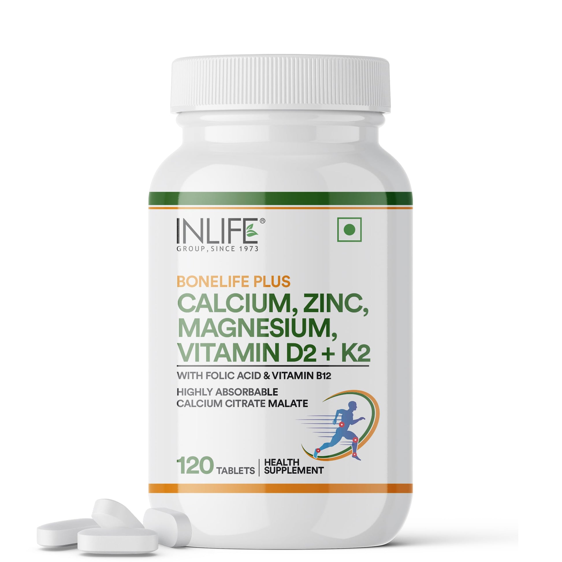 INLIFE Calcium Magnesium Zinc Vitamin D K2 Folic Acid & B12 Vegetarian Tablets, Bone & Joint Support Supplement, 120 Tablets