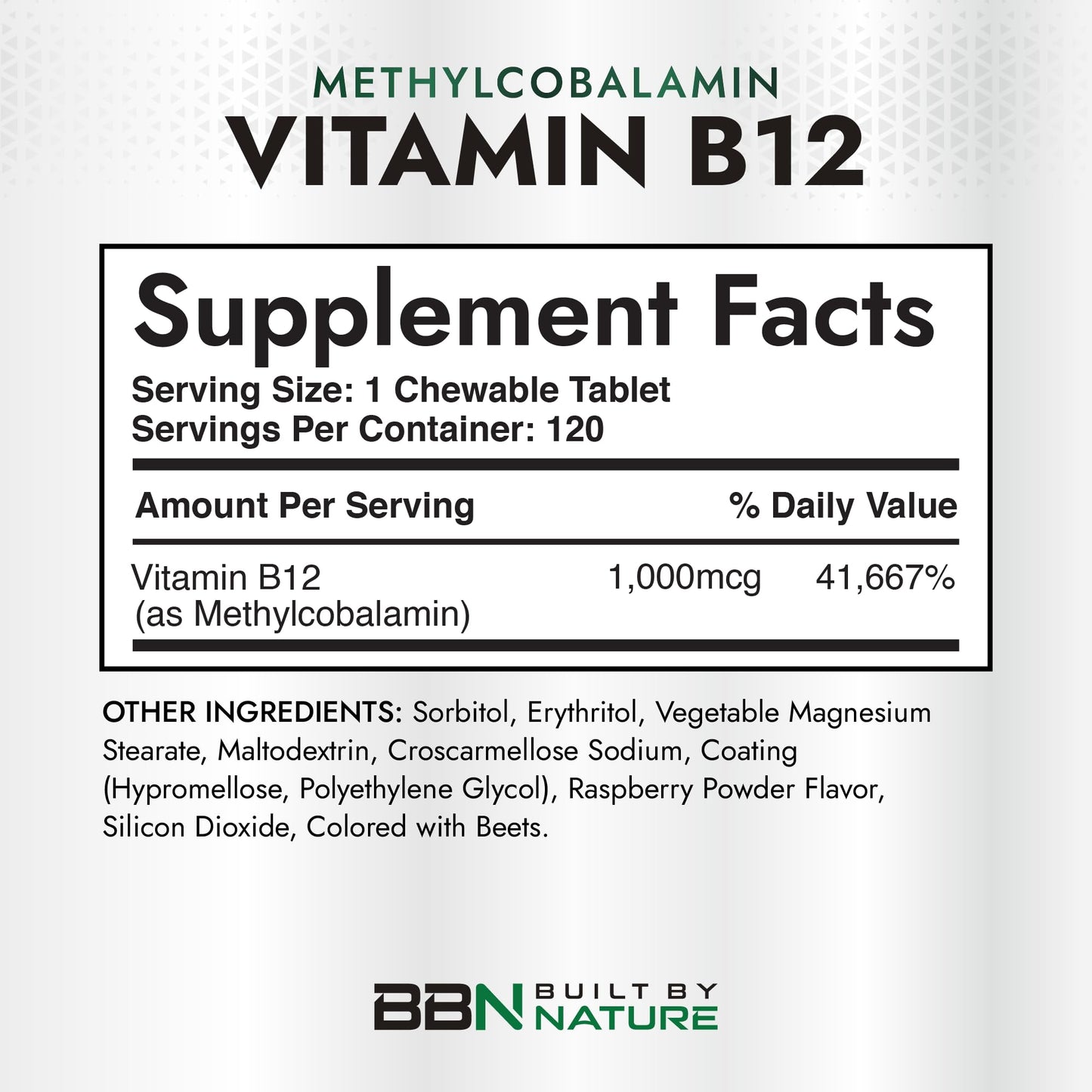 Built by Nature Vitamin B12 1000 mcg Methylcobalamin Chewable Tablets Berry Flavor, 120 Count