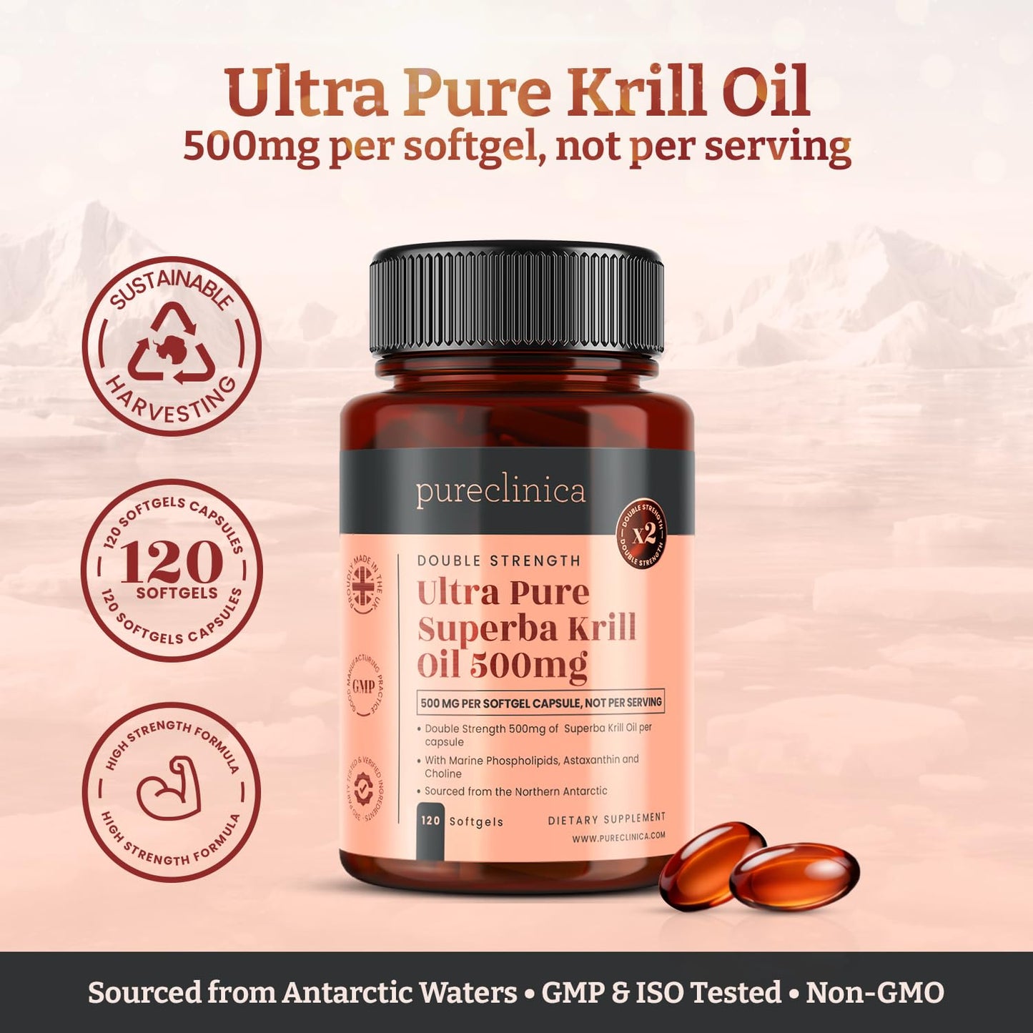PureClinica Ultra Pure Krill Oil 500mg Softgels, 480 Count