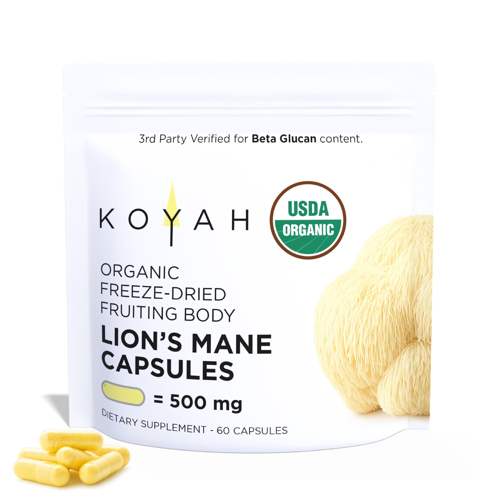 KOYAH Organic Lion's Mane Mushroom Capsules, Freeze-Dried, 60 Count