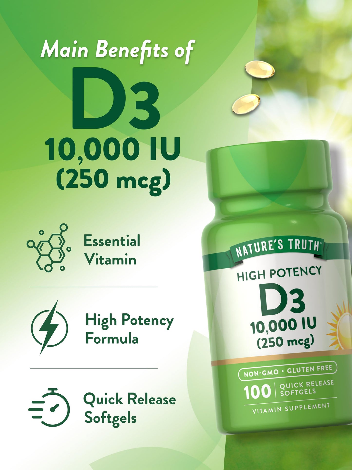 Nature's Truth D3 Vitamin 10,000 IU Softgel 100 Count