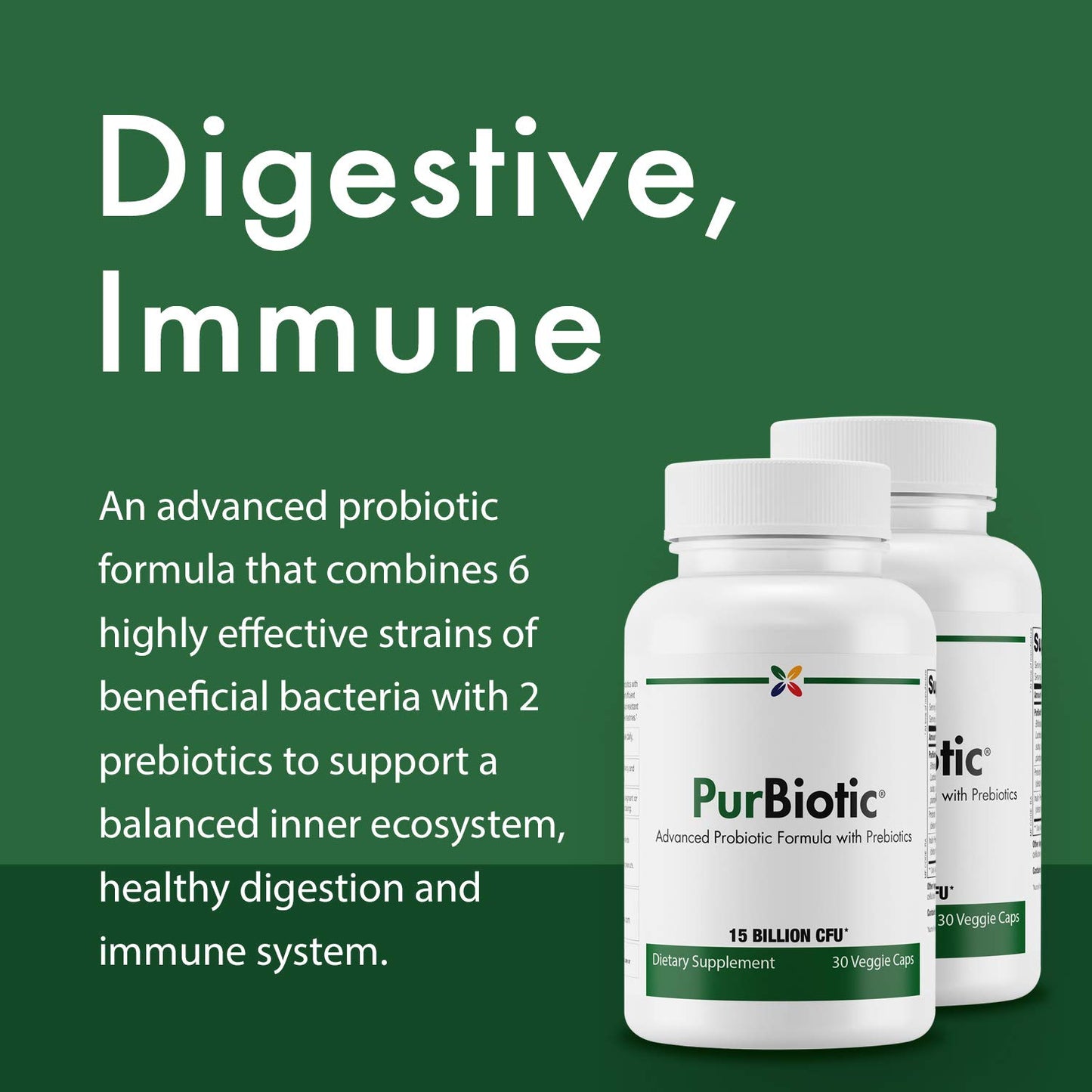 Stop Aging Now PurBiotic® 15 Billion CFU (PROWPT) Advanced Probiotic Formula with Prebiotics, 30 Veggie Caps