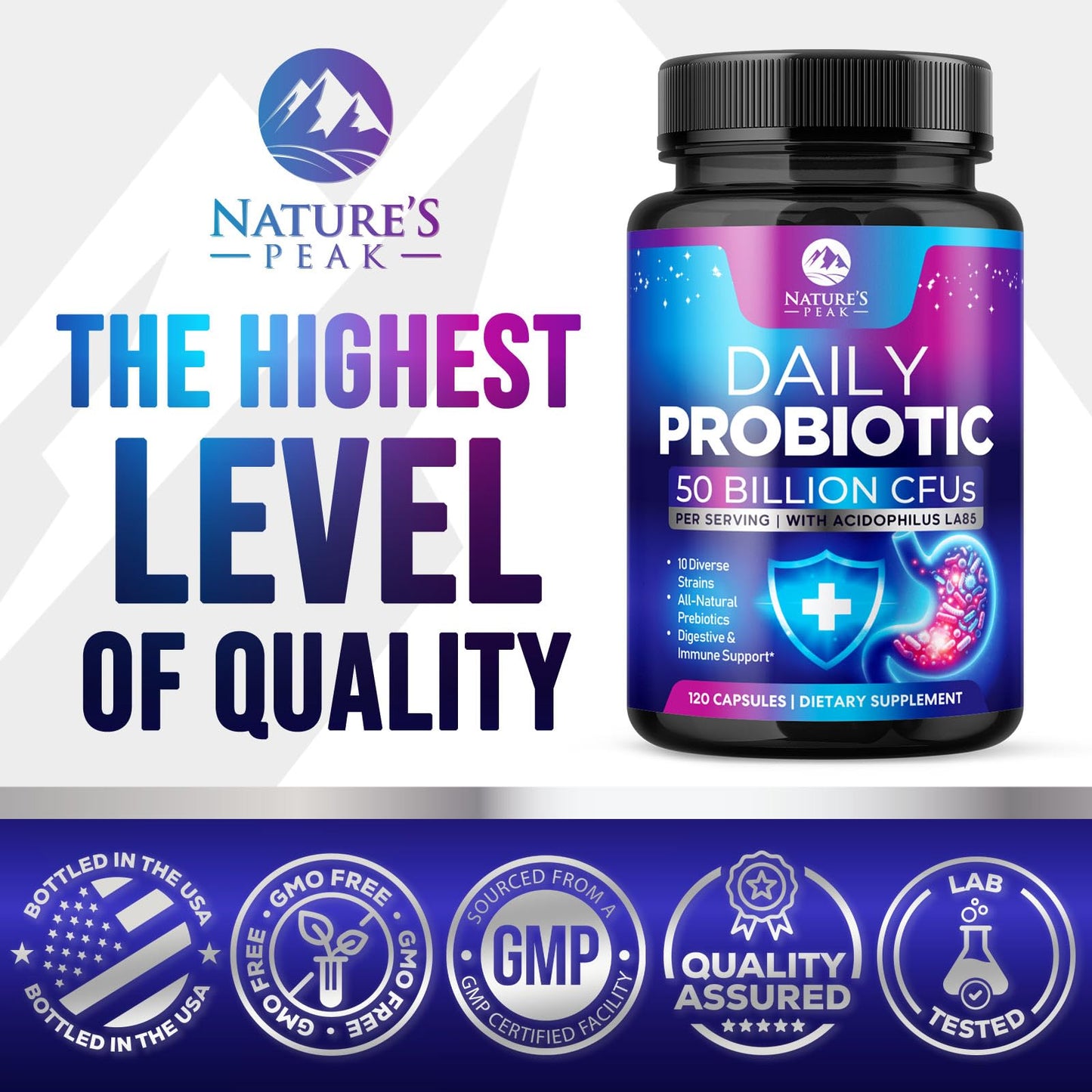 Nature's Peak Probiotics 50 Billion CFU Per Serving - 10 Premium Strains + Digestive Enzymes & Prebiotics, 120 Capsules
