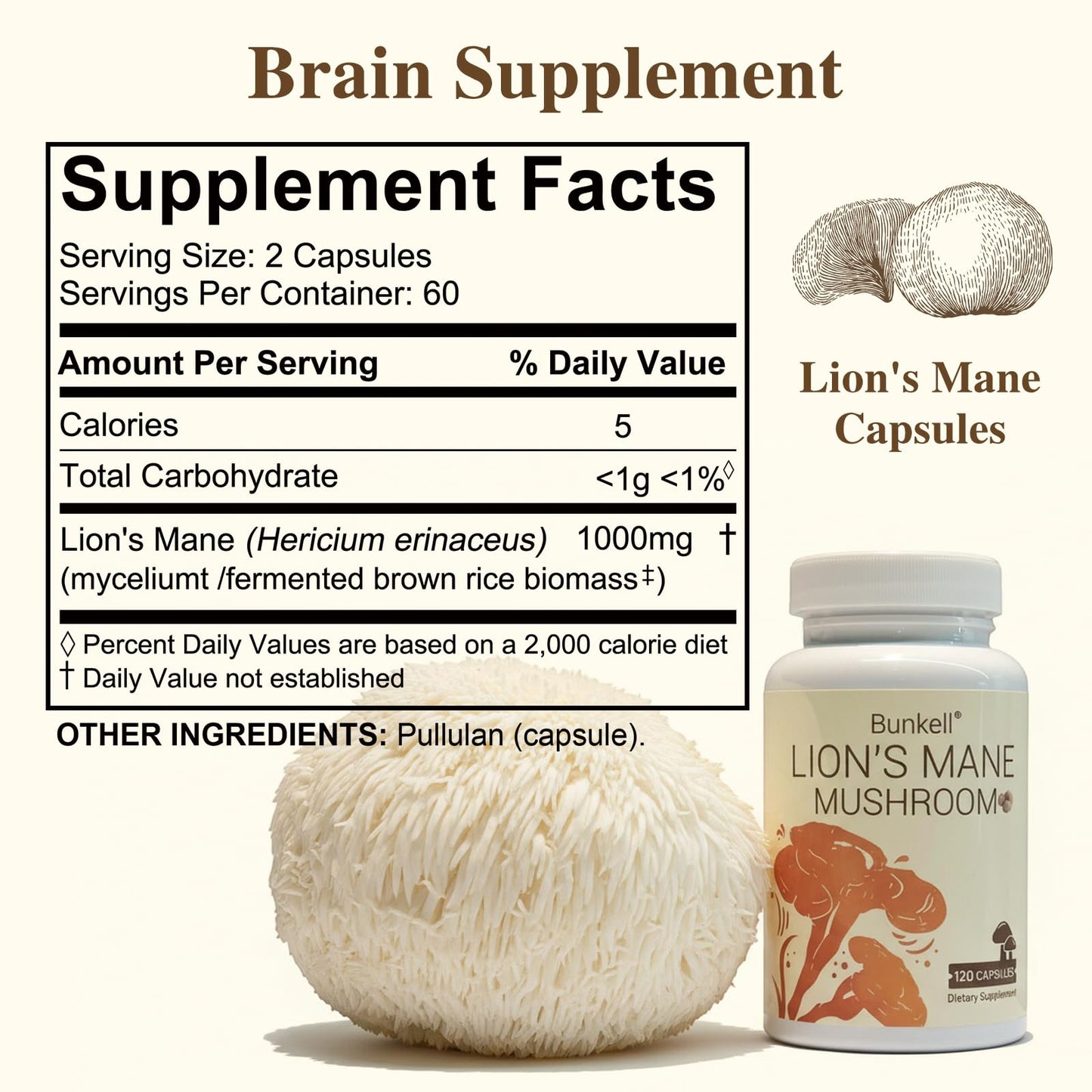 Bunkell Lion's Mane 1000mg Capsules, 120 Count