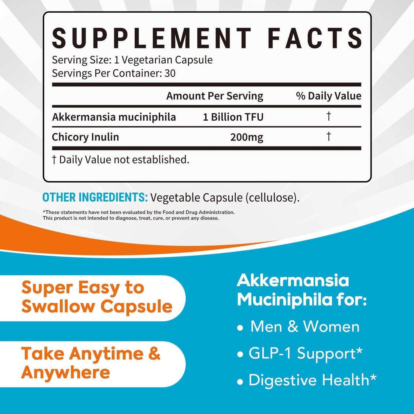 Surebounty Akkermansia Probiotic GLP-1 1 Billion TFU, Akkermansia Muciniphila with Prebiotic Inulin, Capsule, 30 Count