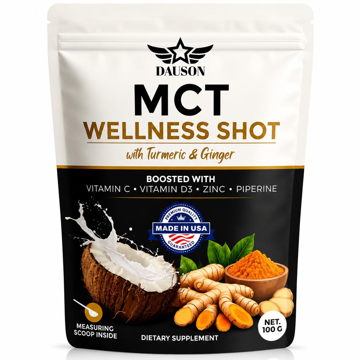DAUSON MCT Shots Boosted with Turmeric, Ginger, Vitamin C, D3, Zinc, Piperine & Prebiotic Fiber Powder 3.53 oz