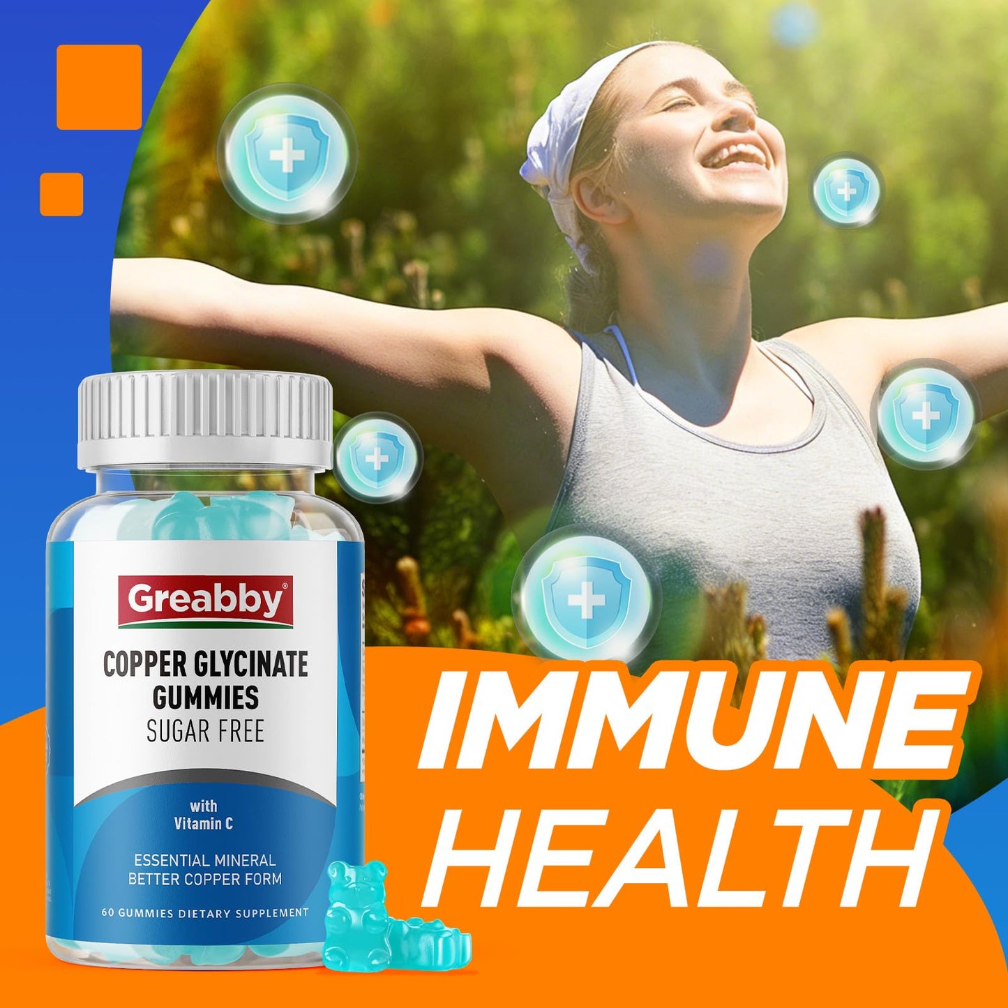 GREABBY Chelated Copper Glycinate Gummies, 2mg Copper with Vitamin C, Sugar Free, 60 Gummies