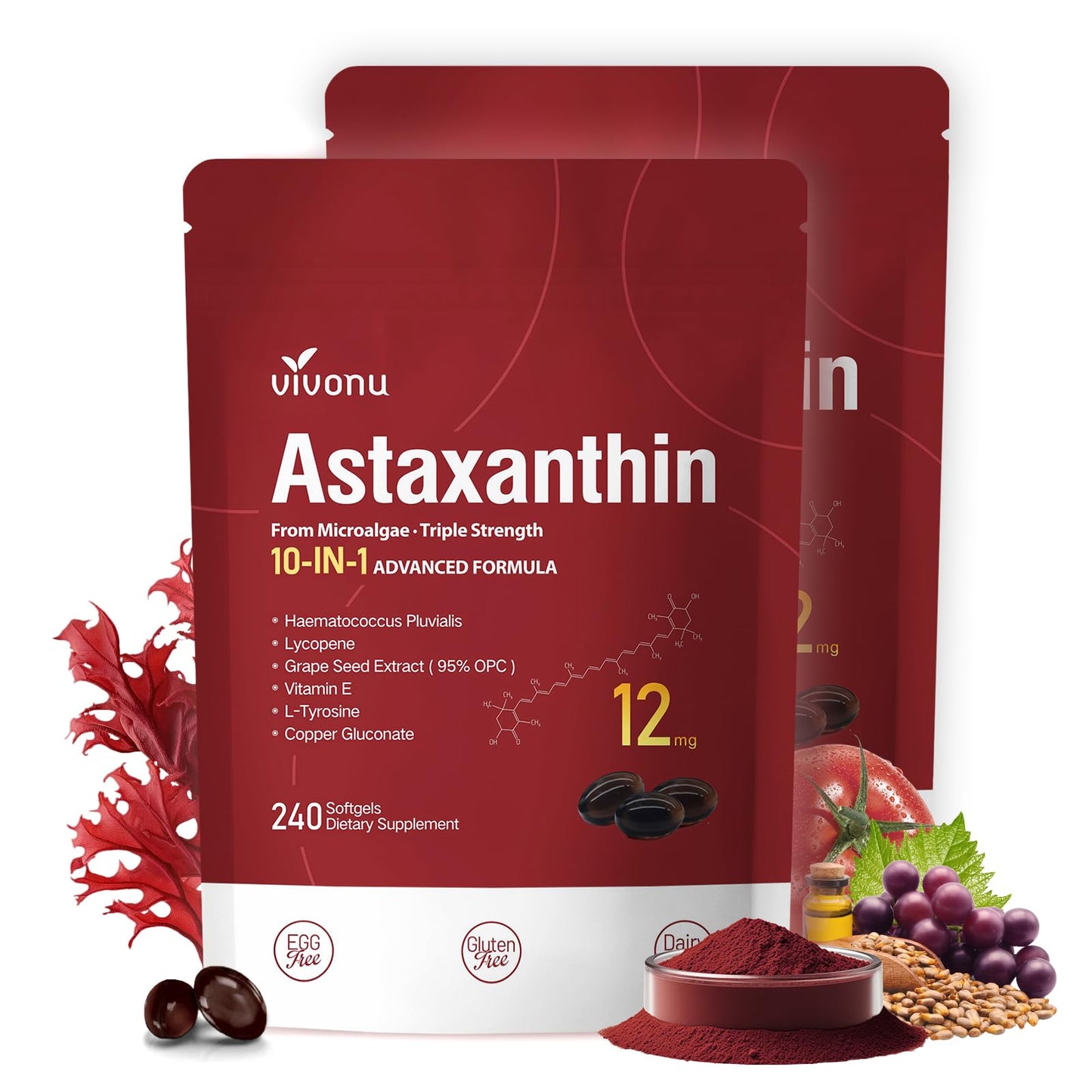 VivoNu 10 in 1 Astaxanthin Supplements 12mg Capsules, 240 Count