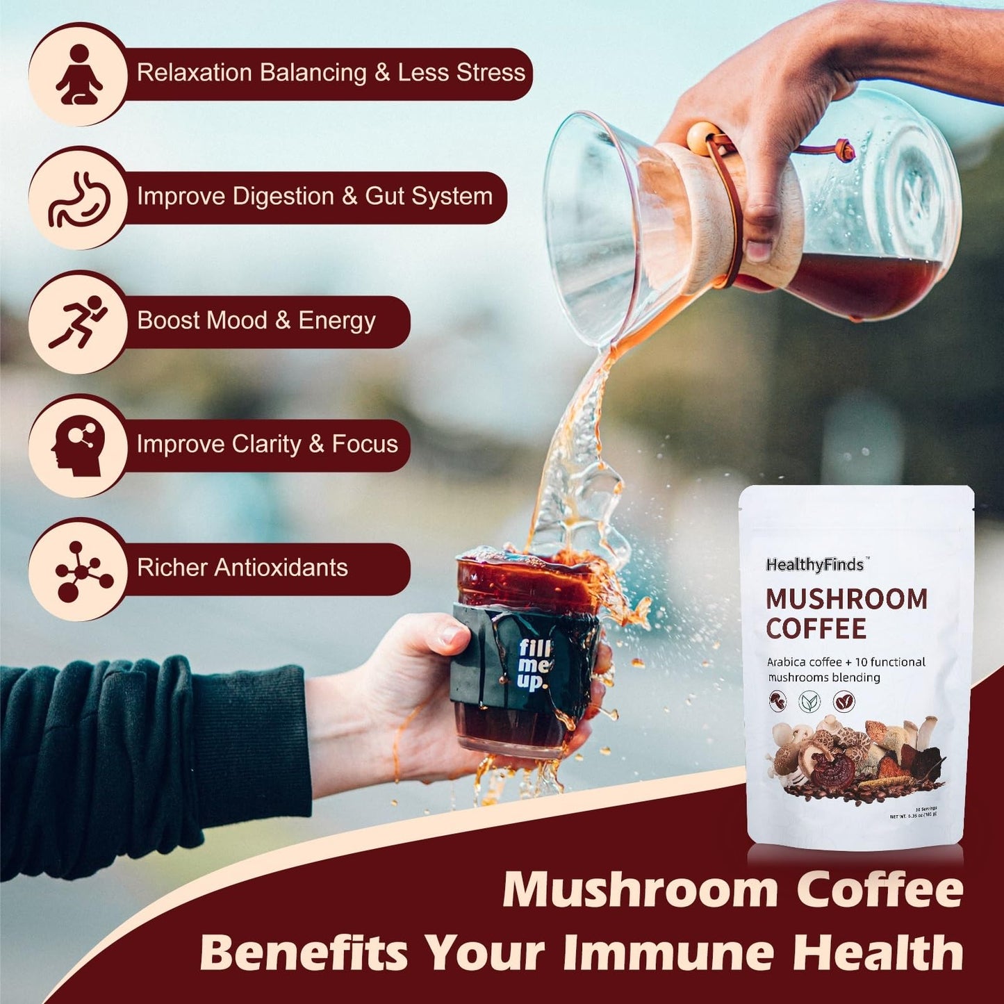 HealthyFinds Organic Mushroom Coffee Instant with 10 Superfood Mushrooms for Better Focus, Energy, Digestion & Immunity Powder 6.35 oz