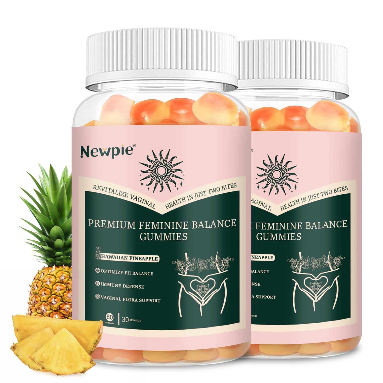 Blltzzz Premium Feminine Balance Gummies for Women, Pineapple, pH Health Immune Support, Vegan, Gluten-Free & Halal, 60 Gummies