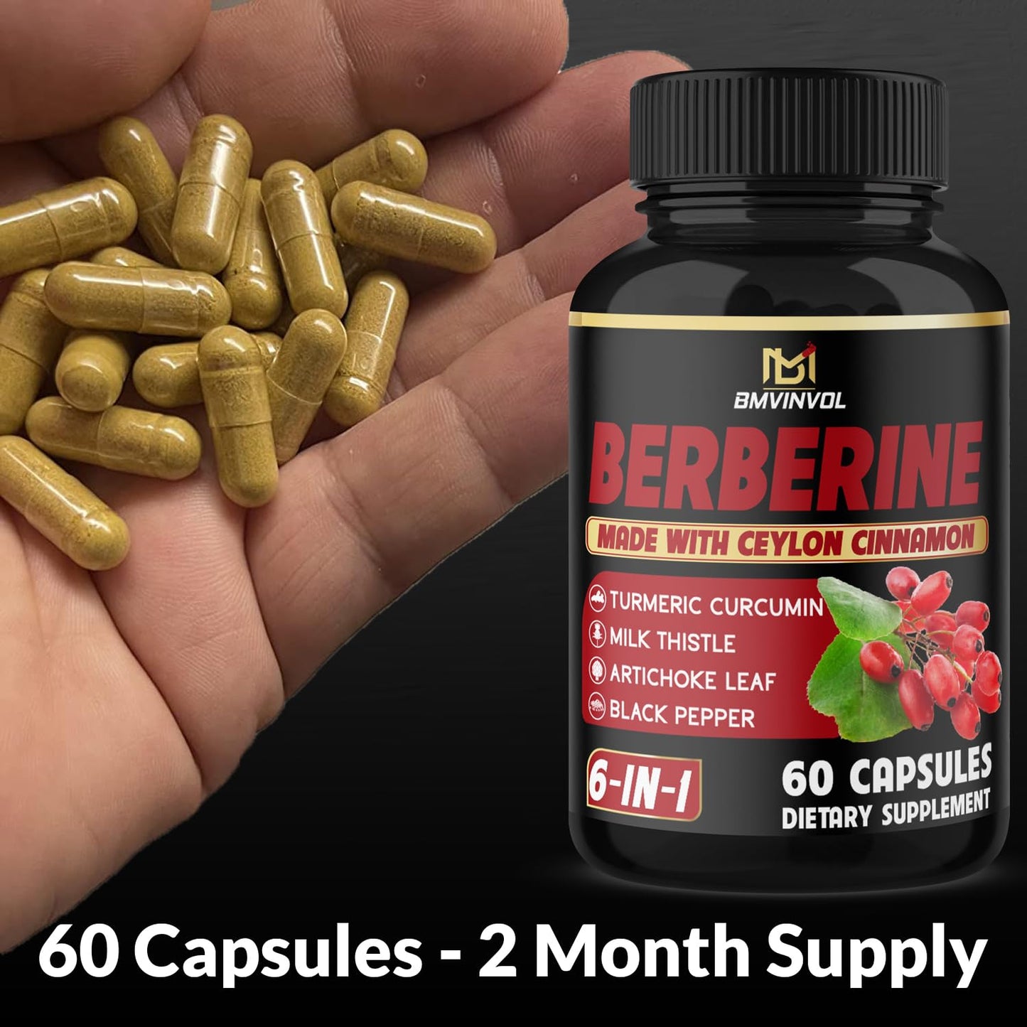 BMVINVOL Berberine with Ceylon Cinnamon, Turmeric, Milk Thistle, Artichoke, Black Pepper Capsules, 60 Count