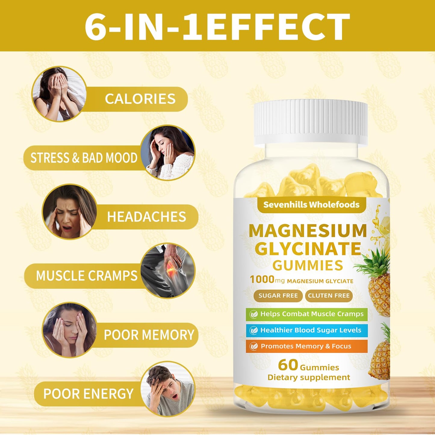 Sevenhills Wholefoods Magnesium Glycinate Gummies 1000mg - Sugar Free Magnesium Potassium Supplement for Relaxation, Calm, Stress Relief, and Sleep Support for Adults & Kids - 60 Gummies