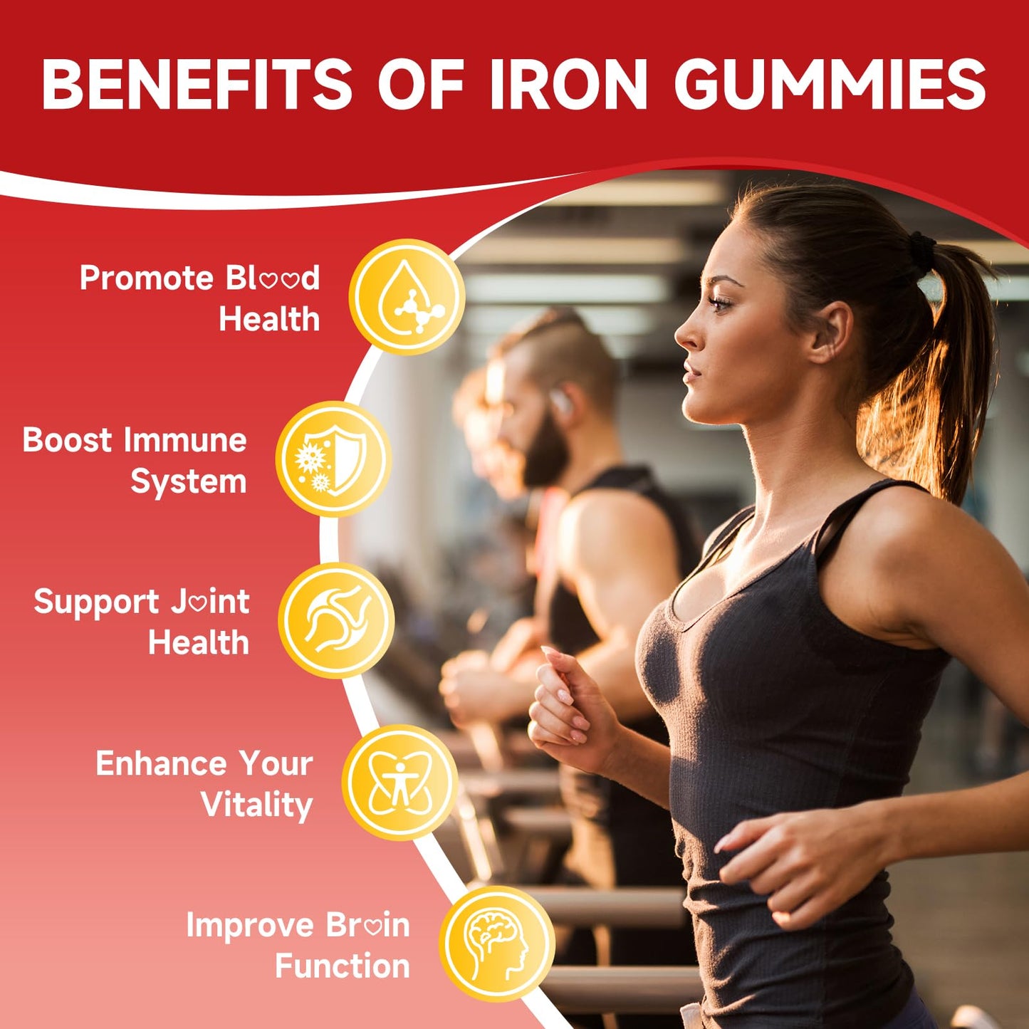Jabsah Vegan Iron Gummies for Adults & Kids - Iron Mineral Supplement with B-Complex, Vitamin C, Vitamin A, Folate - Strawberry Flavor, 60 Gummies