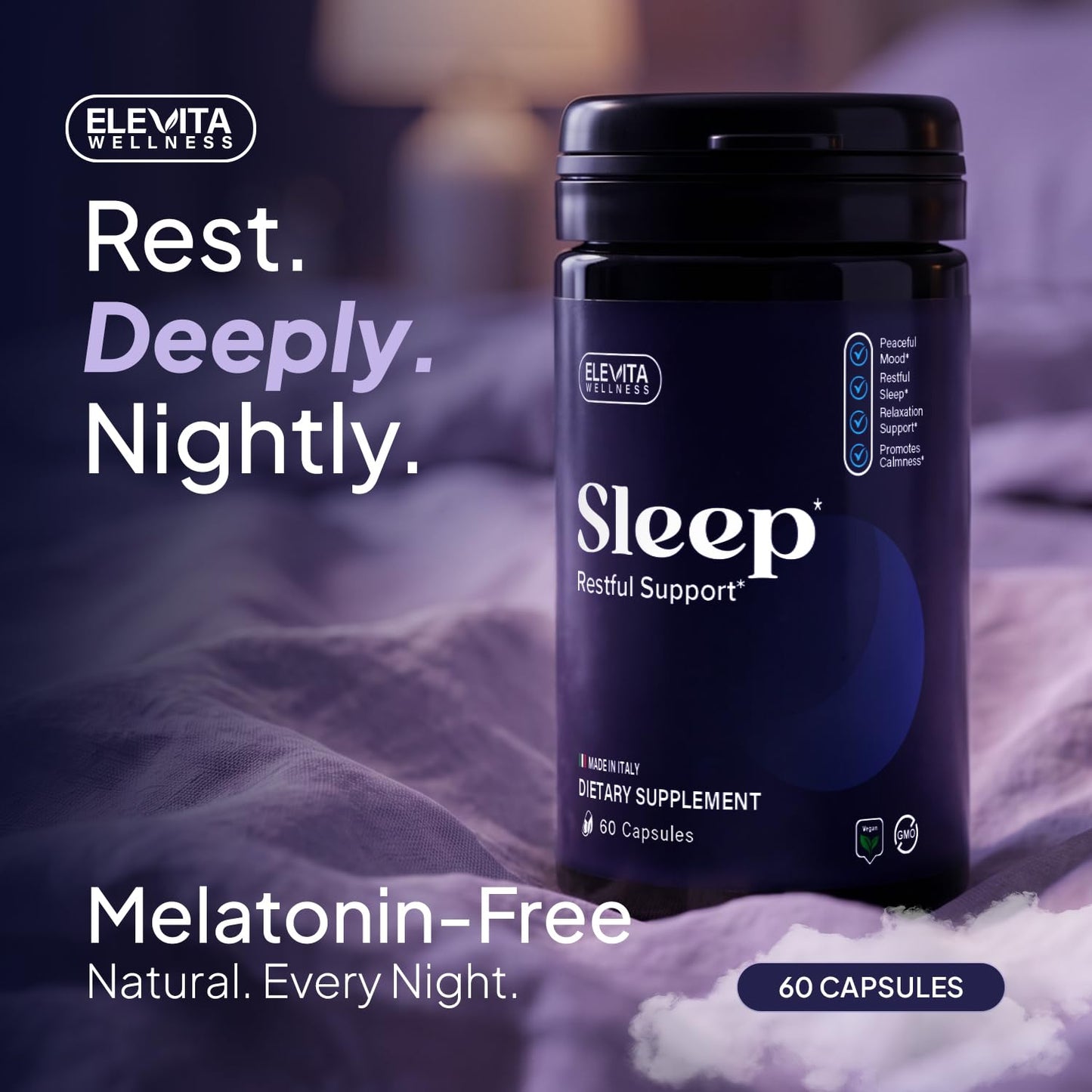 ELEVITA WELLNESS Sleep Supplement Capsules with Ashwagandha, L-Theanine & B Vitamins, Supports Natural Sleep, 60 Capsules