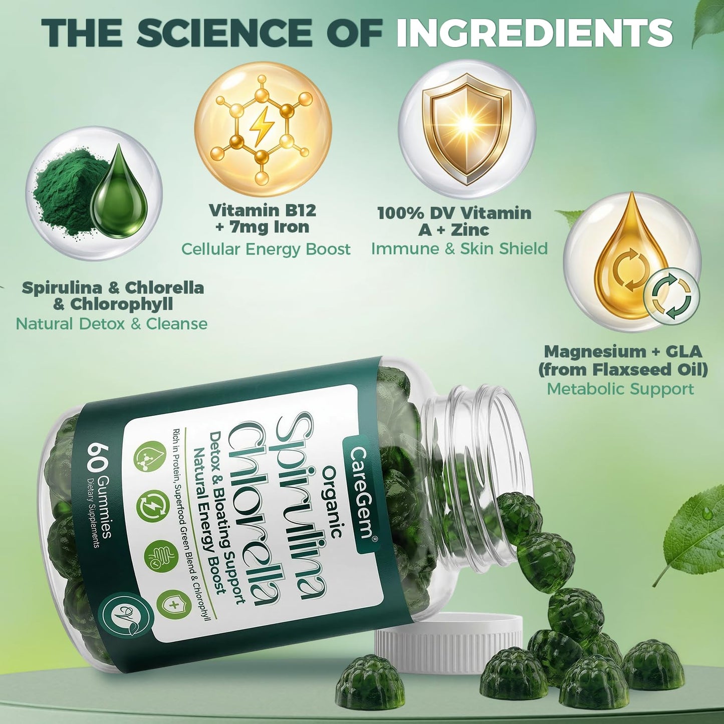 CareGem 38-in-1 Super Greens Gummies with Sea Moss, Spirulina, Chlorella - Bloating Relief & Gut Health - 100% DV Vitamin A, B12, Iron, Magnesium - Energy & Immunity, Vegan - Green Apple, 60 Count