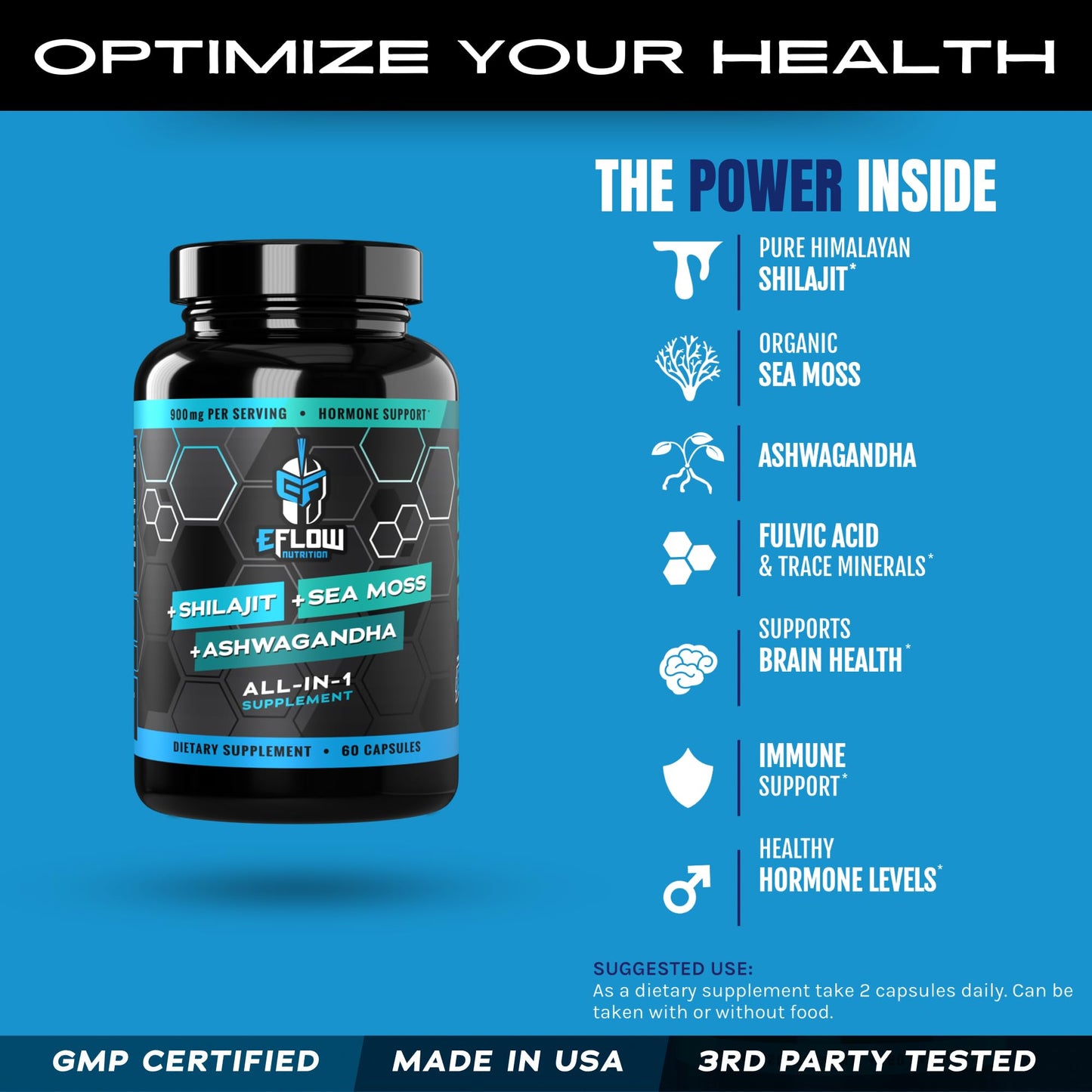 eFlow Nutrition Shilajit Capsules with Ashwagandha, Sea Moss & Trace Minerals, 60 Capsules