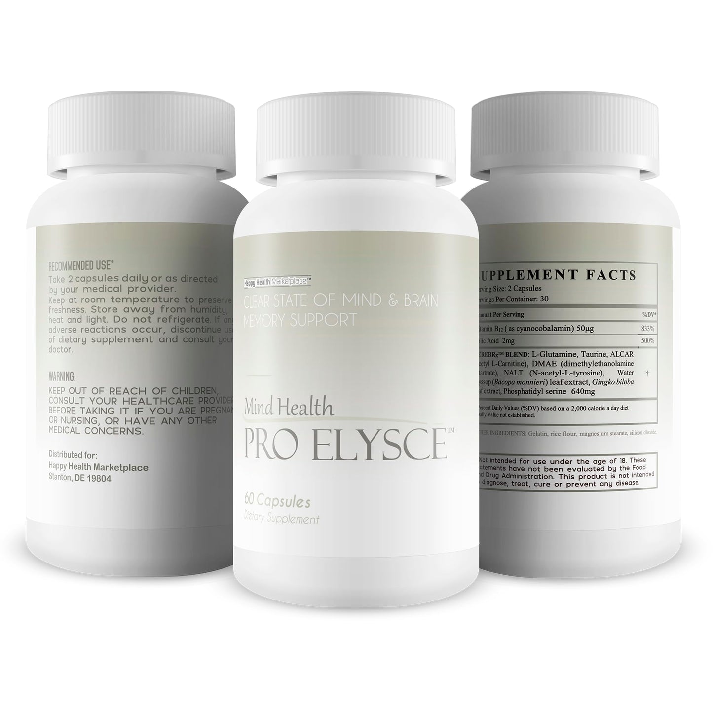 Happy Health Marketplace Mind Health Pro Elysce Clear State of Mind & Brain Memory Support Capsules, 60 Count