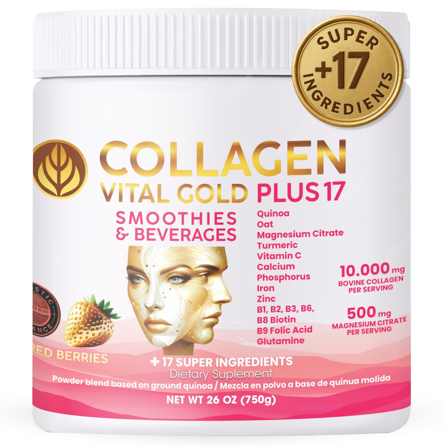 Gold Vital Life Collagen Peptides - Hydrolyzed Collagen with +17 Super Ingredients Powder, 26 Servings