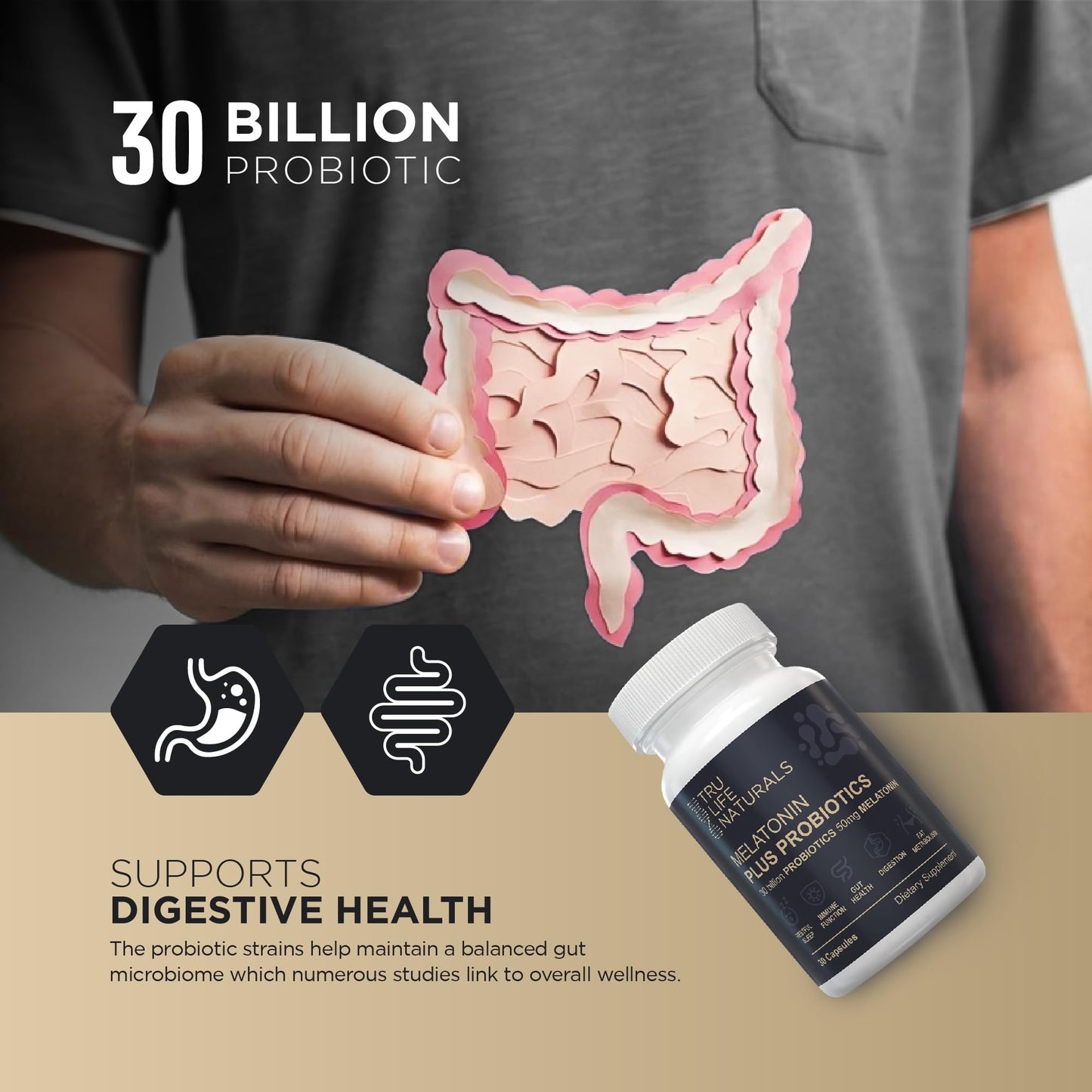 TRULIFE NATURALS Melatonin 50mg Plus Probiotics Capsules, 30 Count