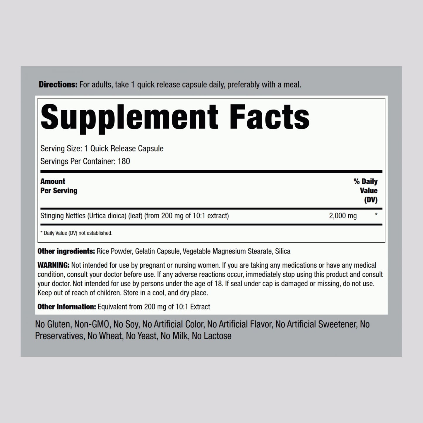 Piping Rock Stinging Nettles Supplement Capsule 180 Count