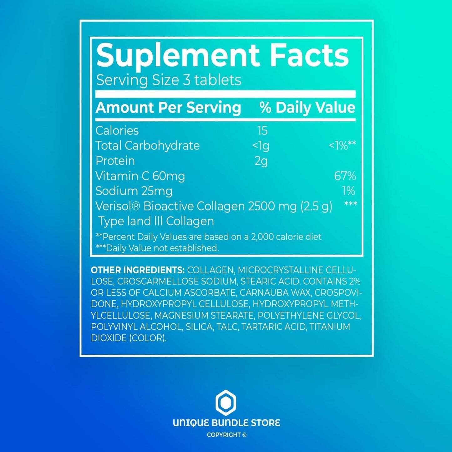 Unique Bundle Store Collagen 2500mg with Vitamin C – Hydrolyzed Collagen Pills Peptides Supplement, 270 Tablets