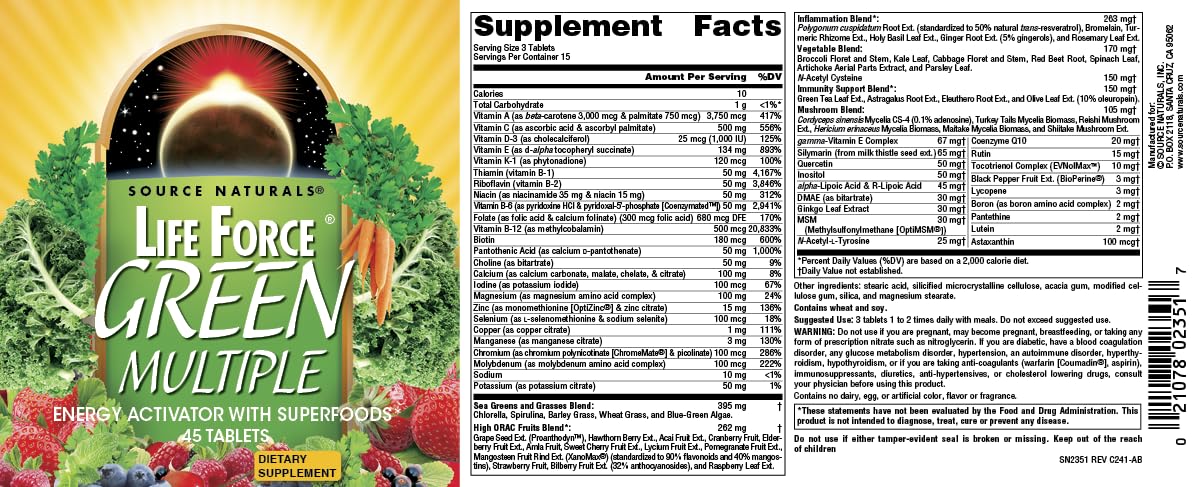 Source Naturals Life Force Green Multiple Energy Activator with Superfoods, 45 Tablets