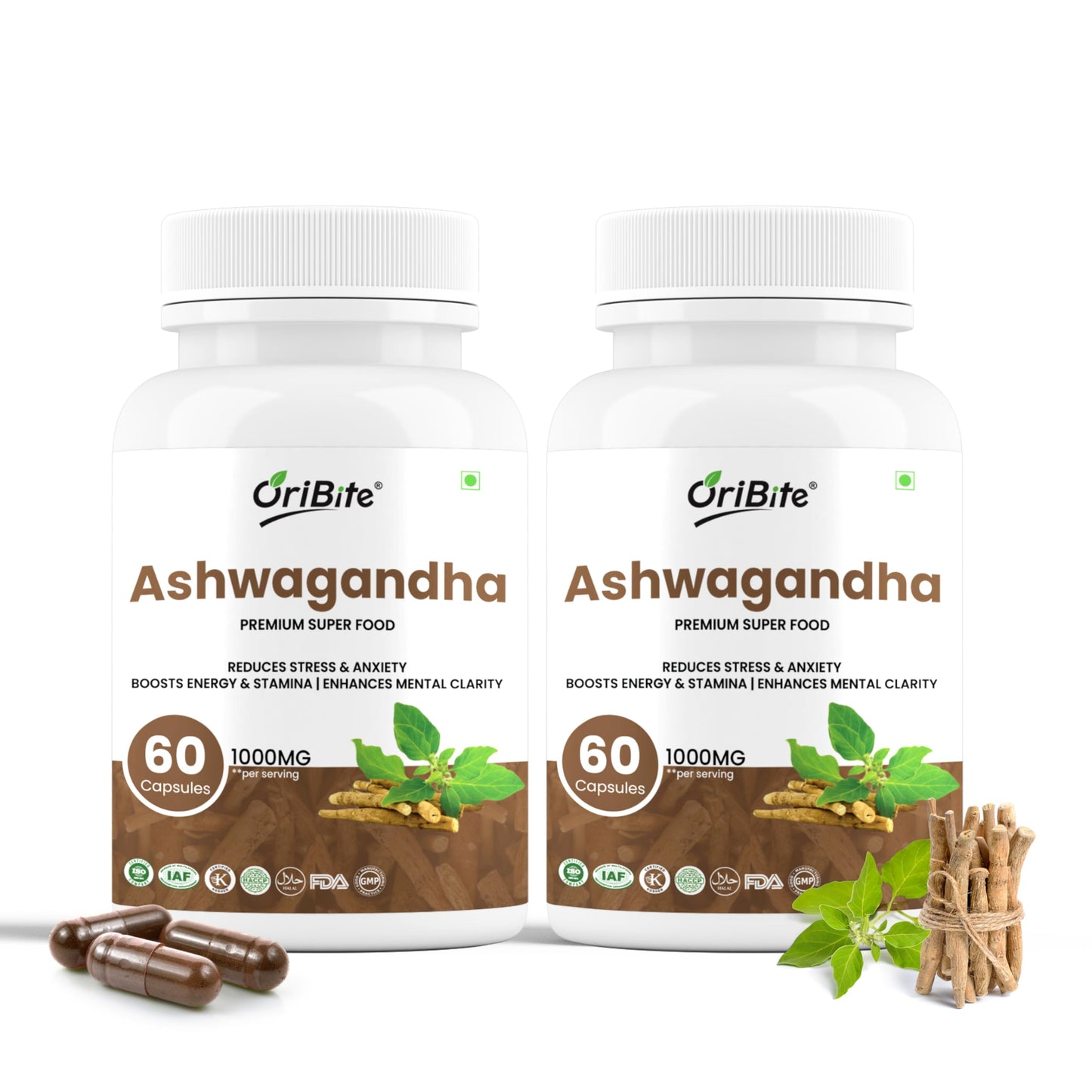 ORIBITE Ashwagandha 1000mg – High-Potency Root Extract (2.5% Withanolides) Vegan Capsules, 60 Capsules