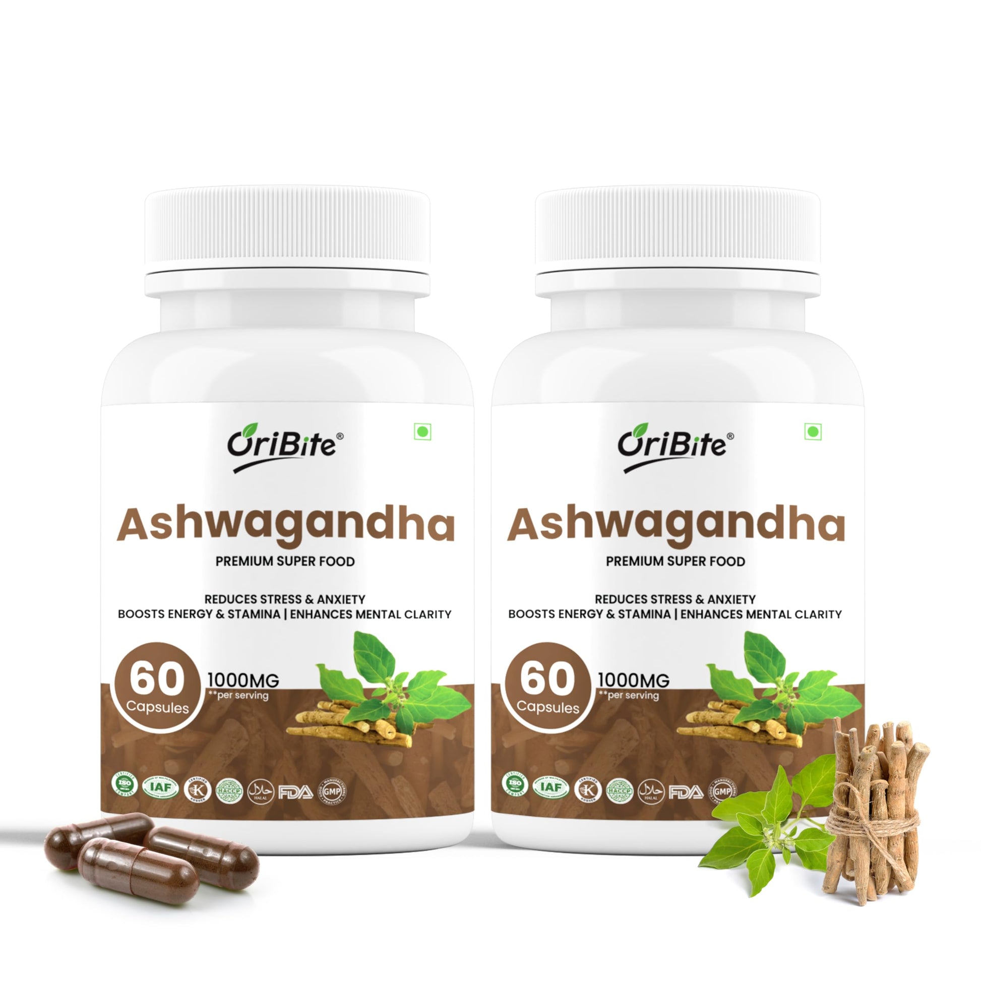 ORIBITE Ashwagandha 1000mg – High-Potency Root Extract (2.5% Withanolides) Vegan Capsules, 60 Capsules