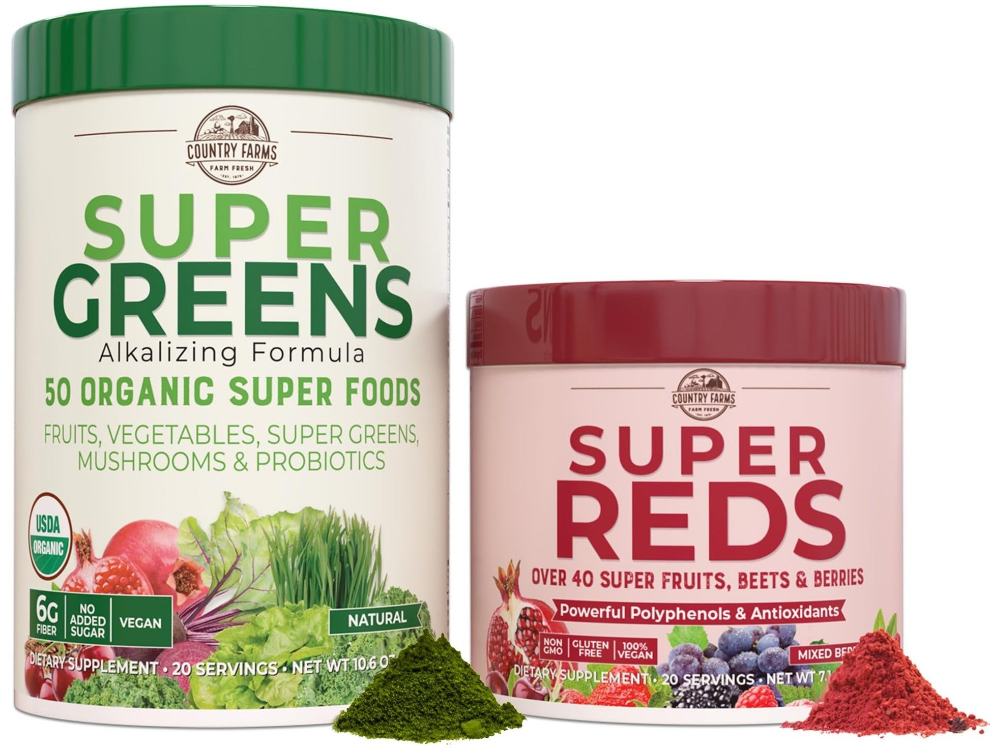 Country Farms Essential Pack Super Greens Powder and Super Reds, 17.7 oz, 2 Pack
