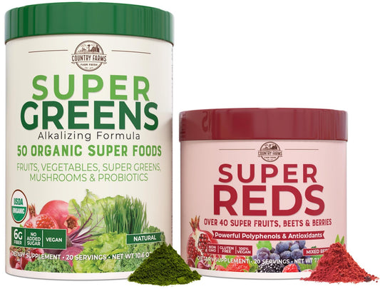 Country Farms Essential Pack Super Greens Powder and Super Reds, 17.7 oz, 2 Pack