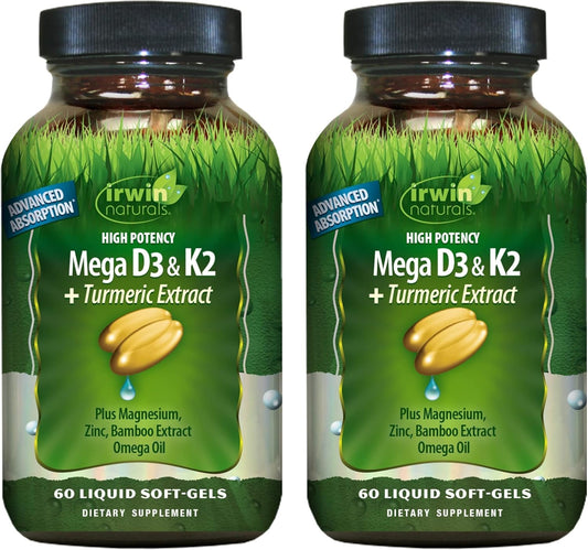 Irwin Naturals High Potency Mega D3 & K2 + Turmeric Extract Soft-Gels, 60 Count (Pack of 2)
