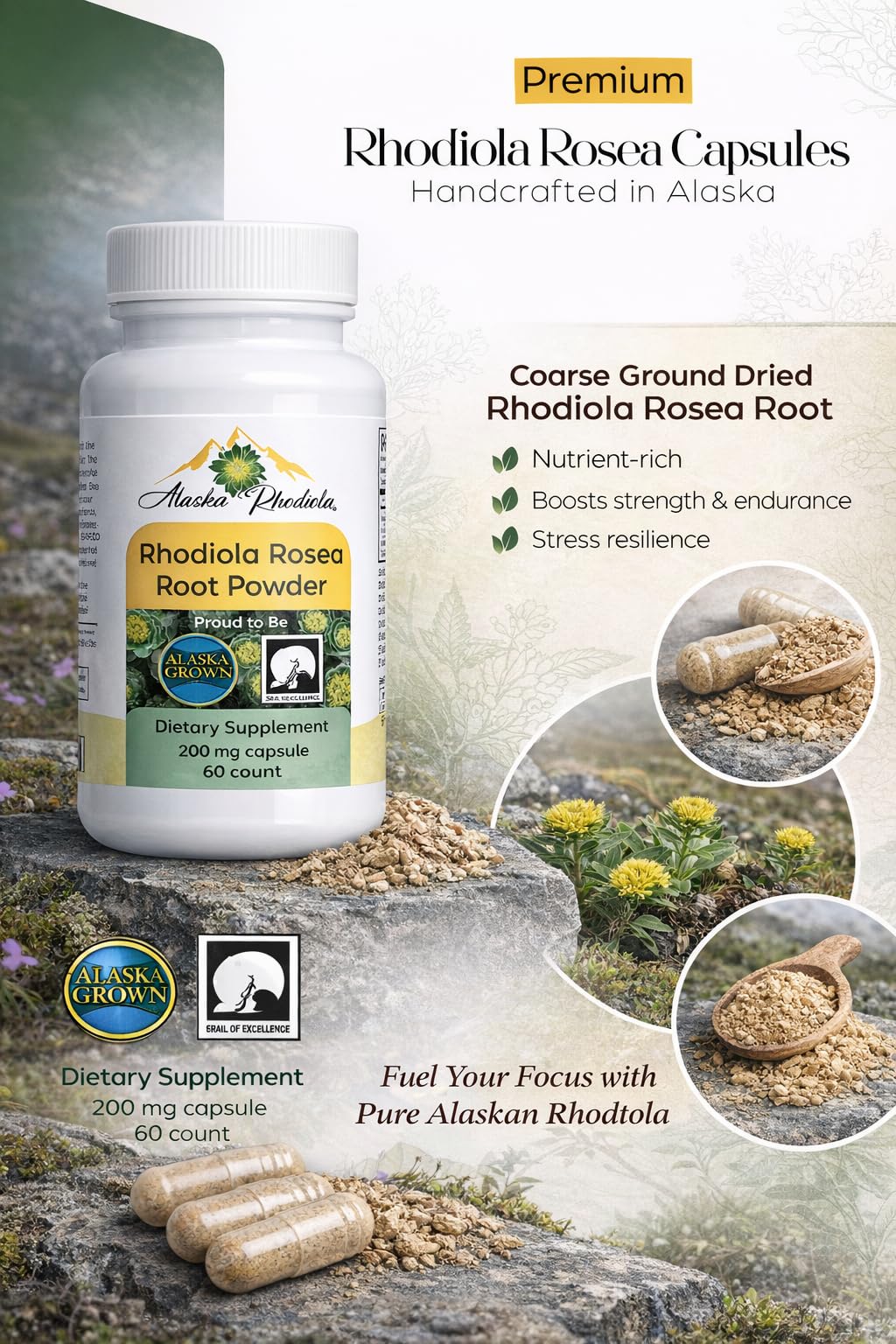 Alaska Rhodiola Rhodiola Root Powder Capsules 200mg, 60 Capsules