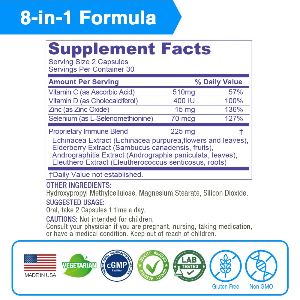 LOVITA Immune Support 8 in 1 Daily Defense, Elderberry with Zinc, Vitamin C & D, Echinacea, Selenium, Andrographis & Siberian Ginseng Extract, 60 Capsules