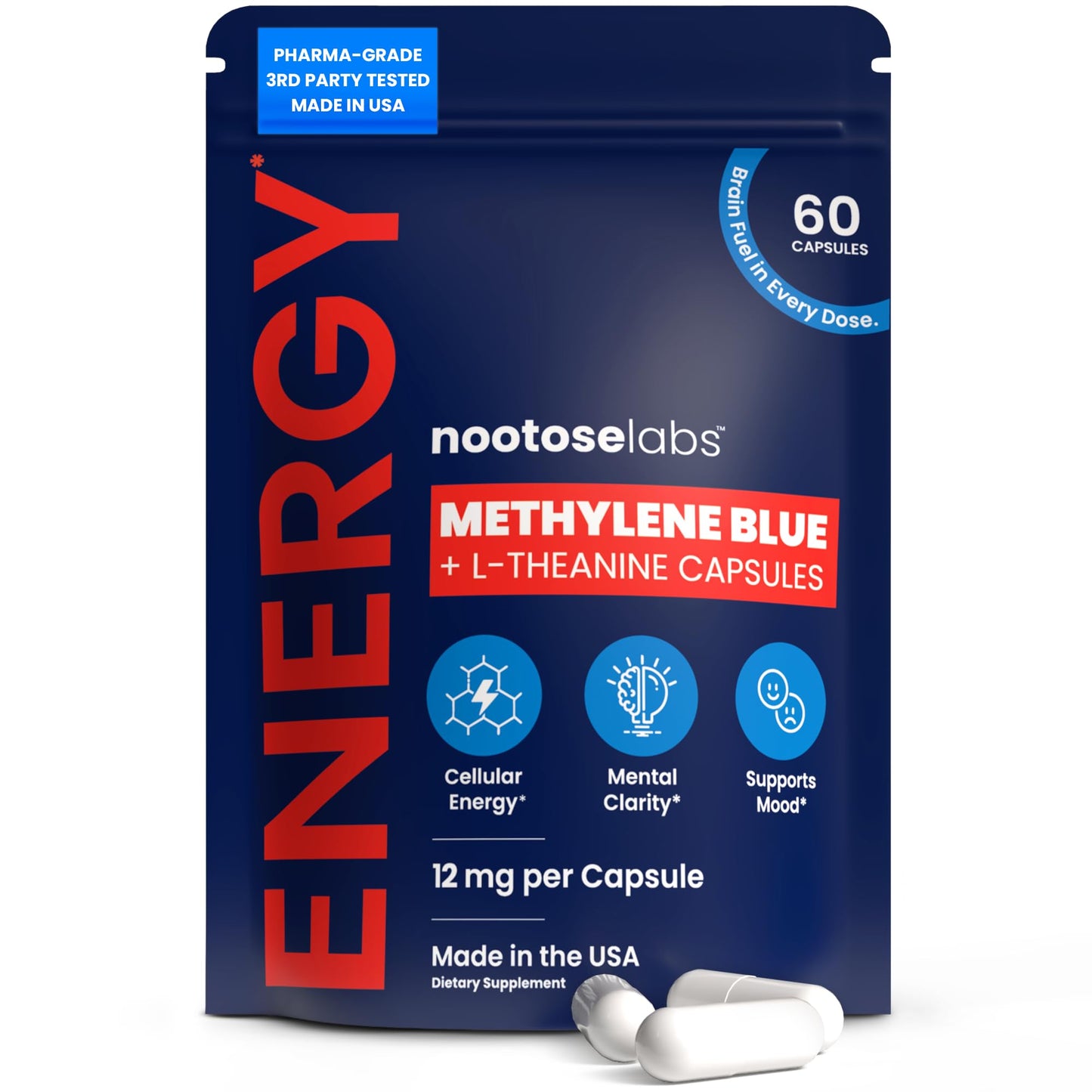 Nootose Labs Methylene Blue Capsules – Pharmaceutical Grade with 200mg L-Theanine – Mental Clarity & Focus, 60 Capsules