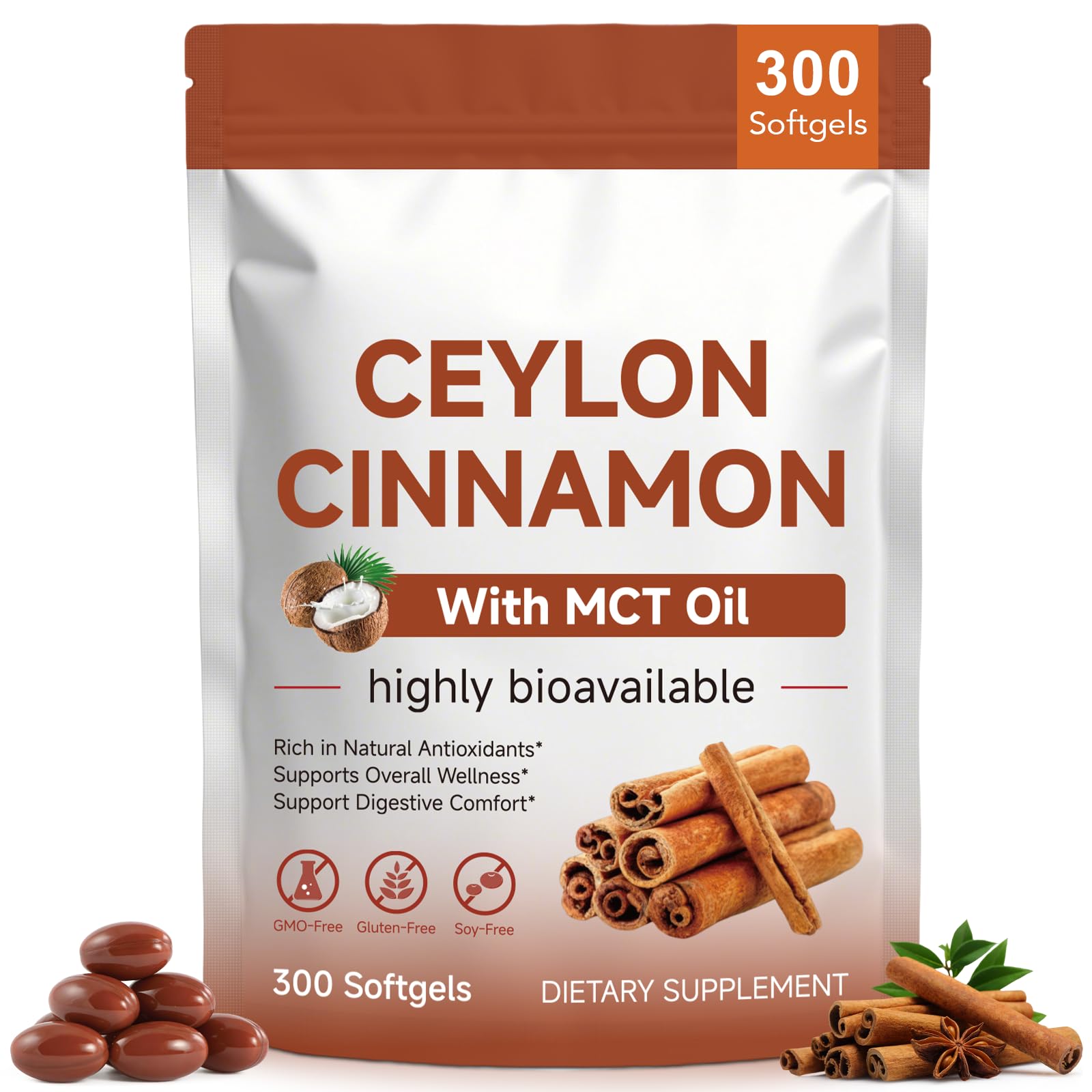 ZXJQLOS Ceylon Cinnamon Softgels with MCT Oil, 300 Softgels