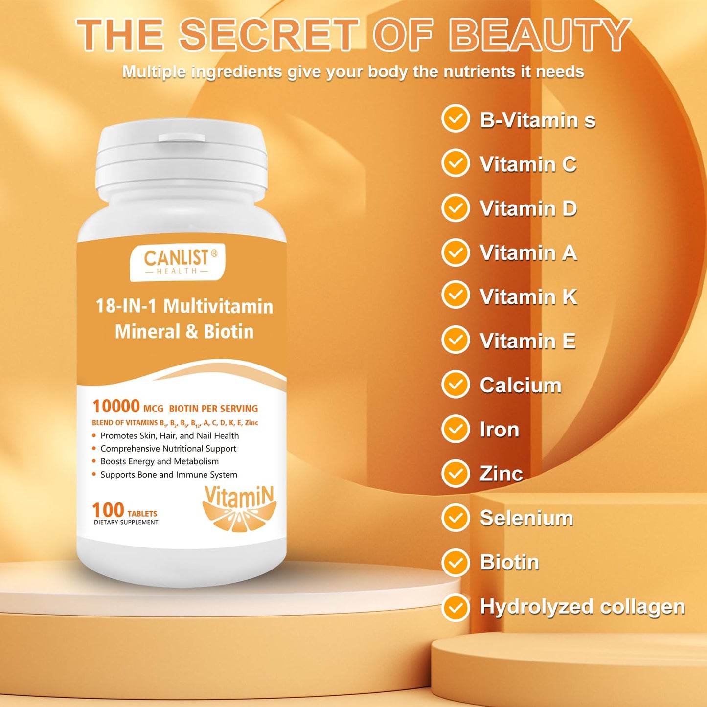 CANLIST Hair Skin and Nails Multi-Vitamin for Men & Women, 100 Tablets