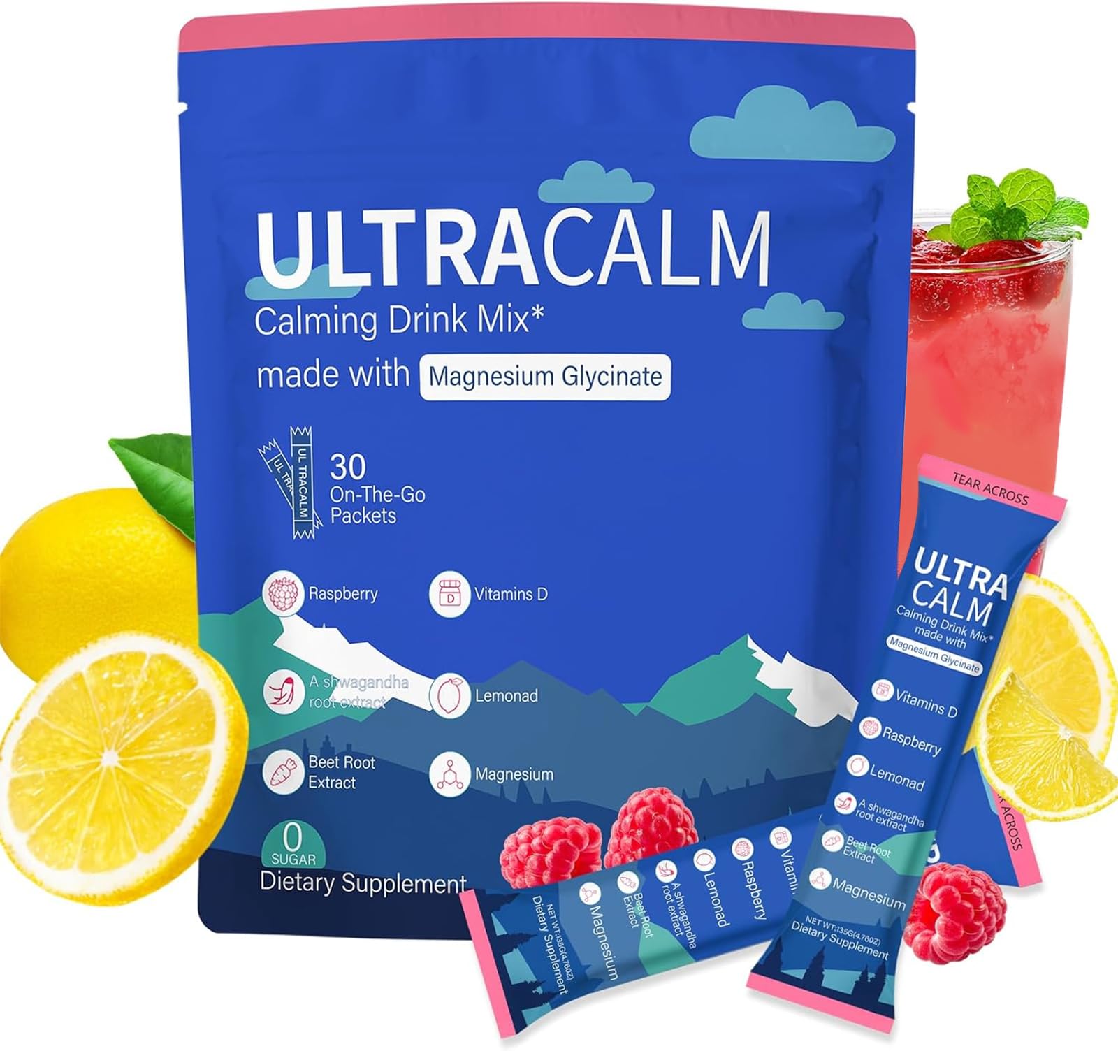 EWJHJ UltraCalm Super Calm Cortisol Drink Magnesium Glycinate Powder with Ashwagandha L-Theanine Vitamin D3 Raspberry Lemonade, 4.76 Ounce