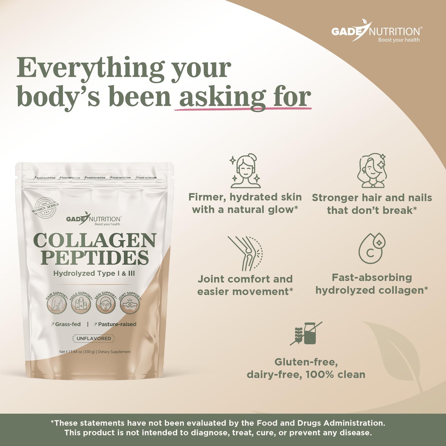 Gade Nutrition Collagen Peptides Powder Hydrolyzed Type I & III Unflavored, 11.64 oz, 30 Servings