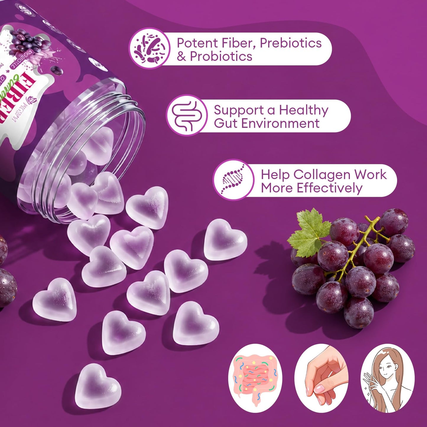 Migcopat 10G Fiber Gummies with Collagen Peptides, Grape Flavor, 60 Gummies