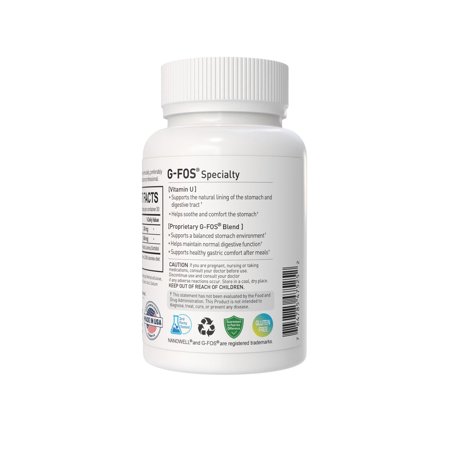NANOWELL G-FOS Digestive Health Supplement, Vitamin U Tablets, 180 Tablets