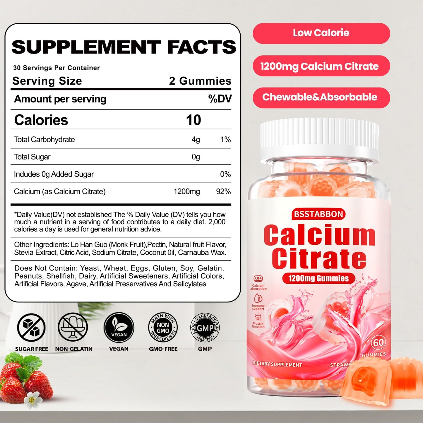 BSSTABBON Calcium Citrate Gummies 1200 mg Calcium, Sugar-Free, Organic, Natural High-Absorption Vegan Chewable Gummies, Immune Support & Energy, 120 Gummies
